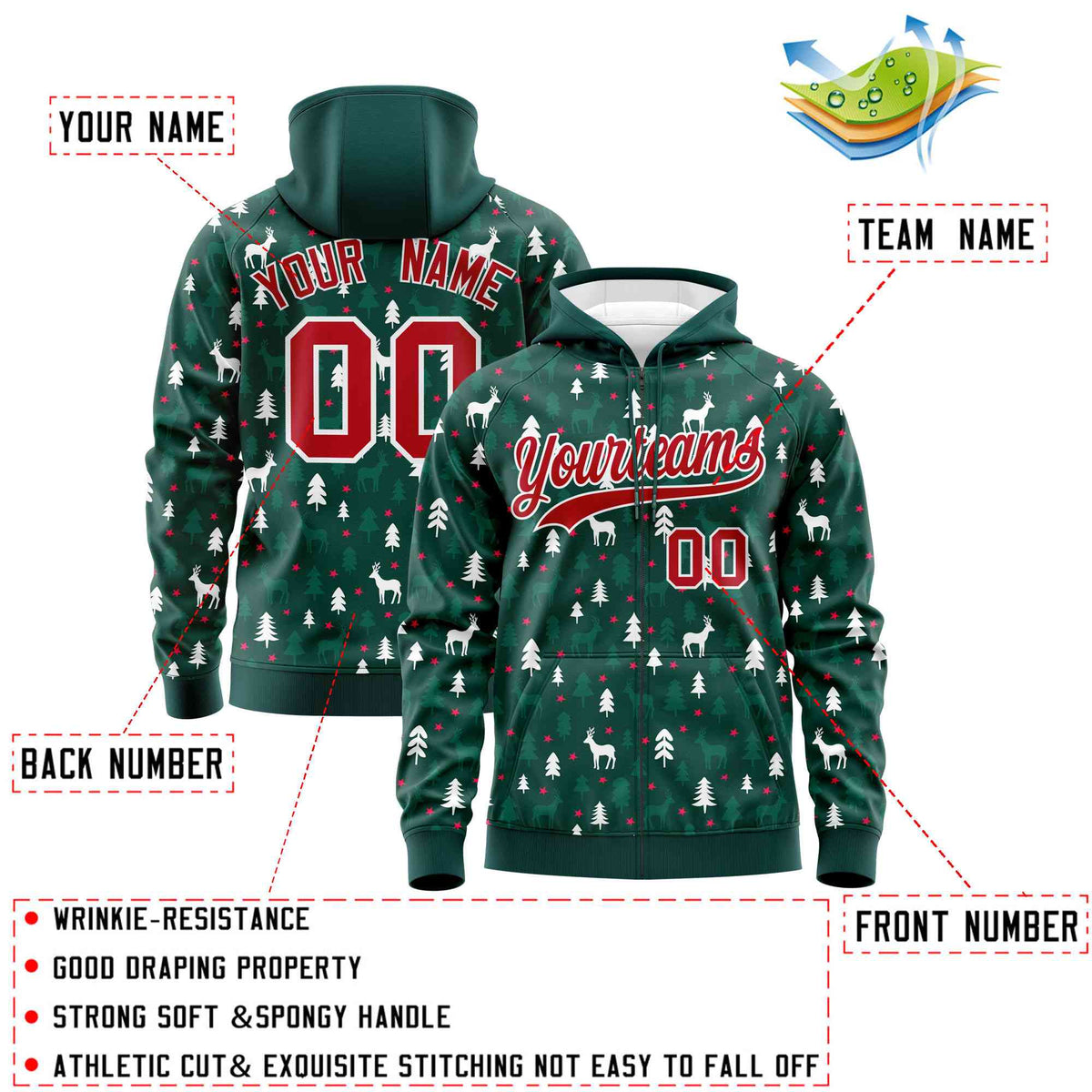 Custom Midnight Green Red Christmas Graffiti Pattern Athletic Full-Zip Hoodie