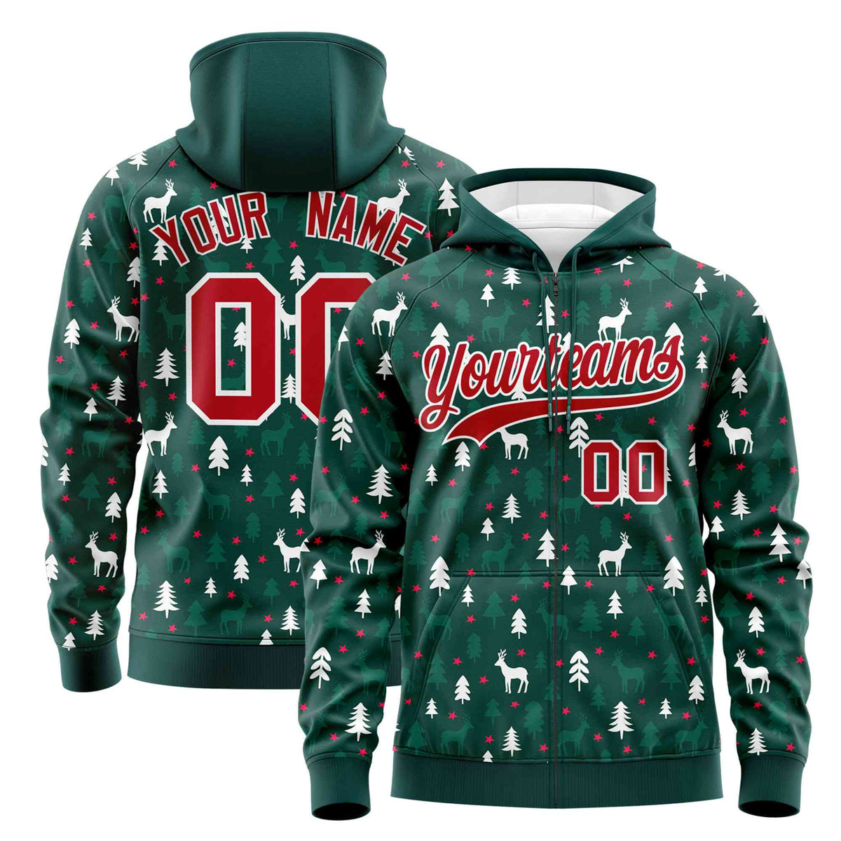 Custom Midnight Green Red Christmas Graffiti Pattern Athletic Full-Zip Hoodie