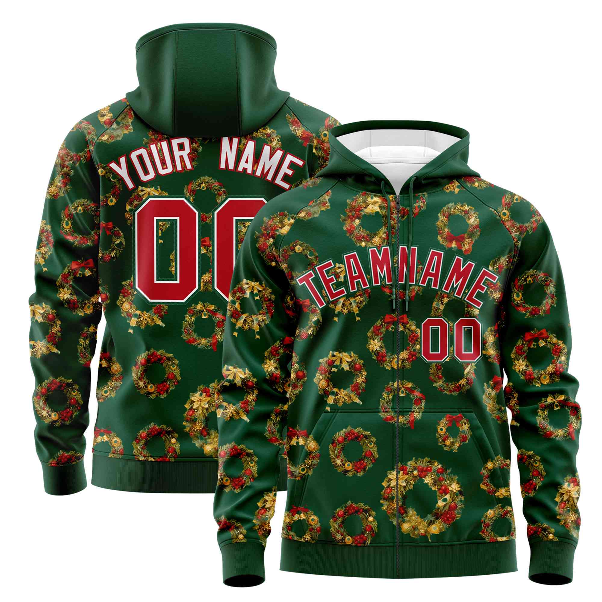 Custom Green Red Christmas Graffiti Pattern Athletic Full-Zip Hoodie