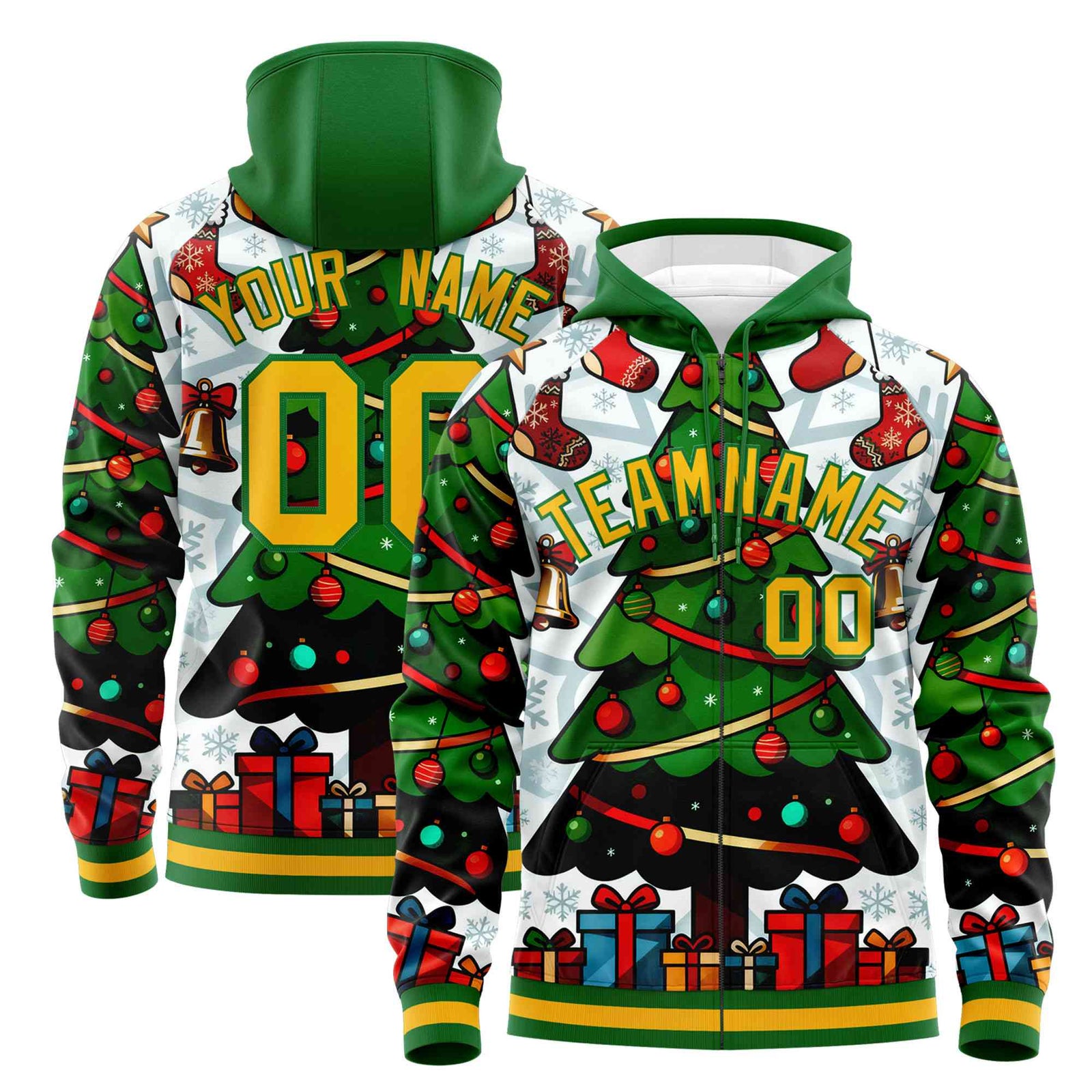Custom Kelly Green Gold Christmas Graffiti Pattern Athletic Full-Zip Hoodie