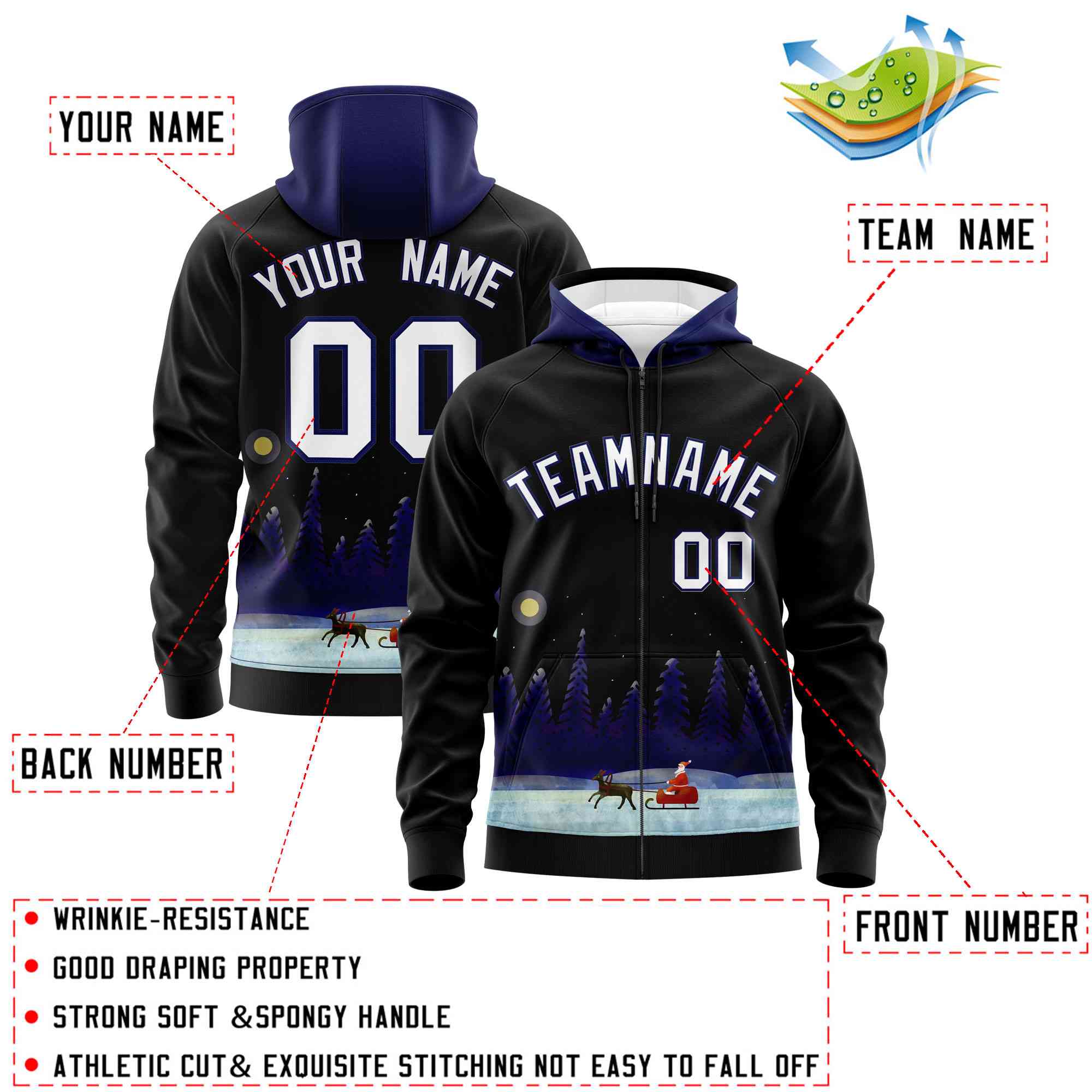 Custom Black Dark Blue Christmas Graffiti Pattern Athletic Full-Zip Hoodie