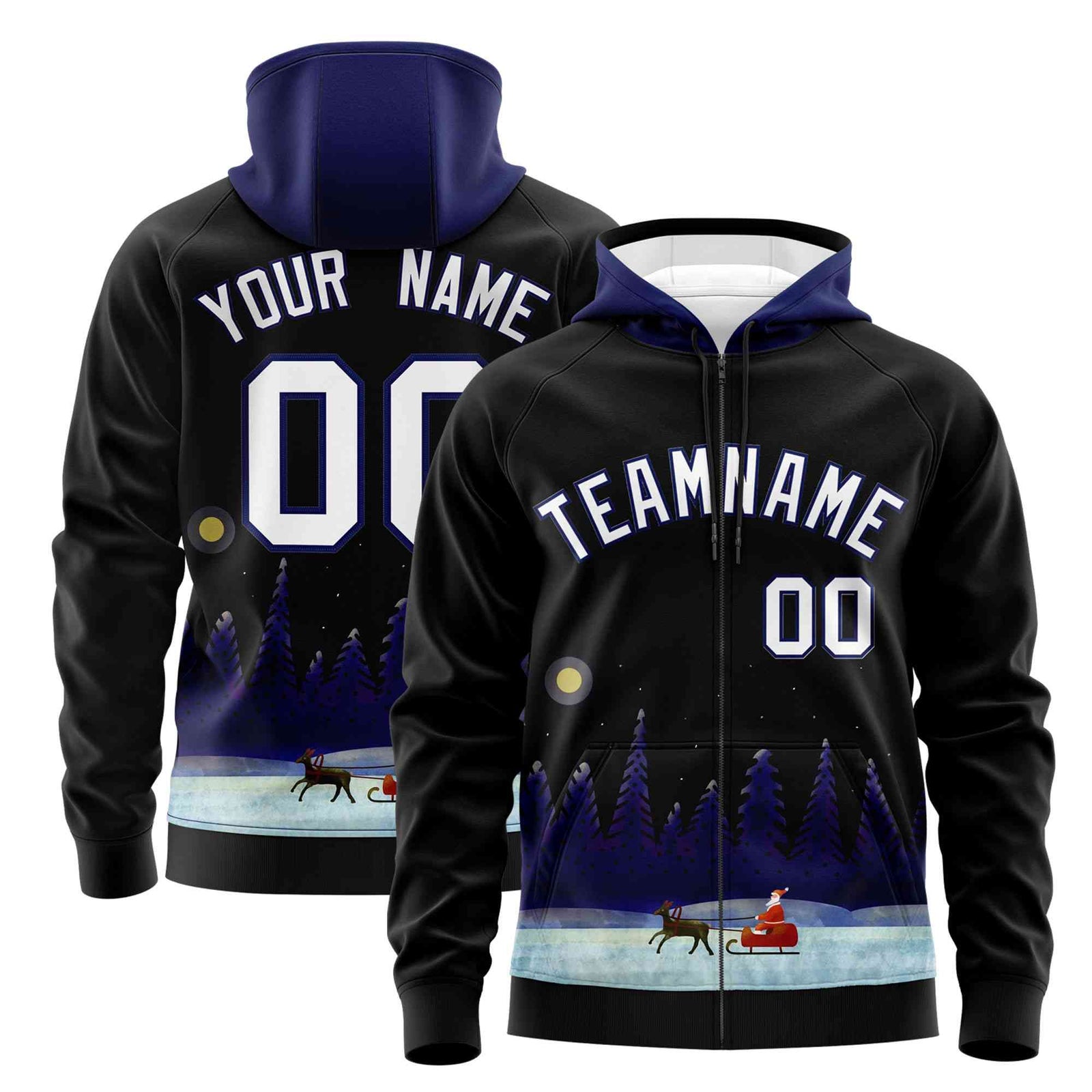 Custom Black Dark Blue Christmas Graffiti Pattern Athletic Full-Zip Hoodie