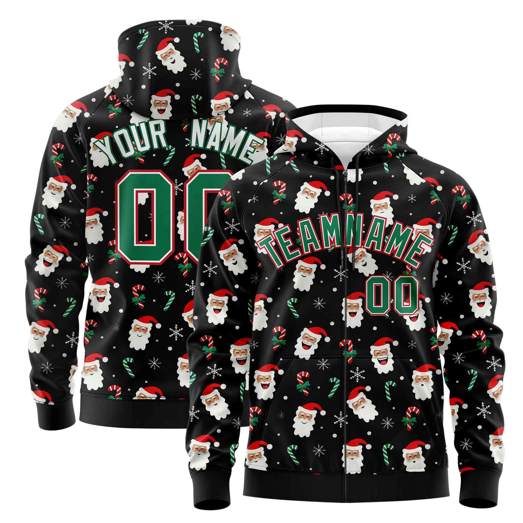 Custom Black Kelly Green Christmas Graffiti Pattern Athletic Full-Zip Hoodie