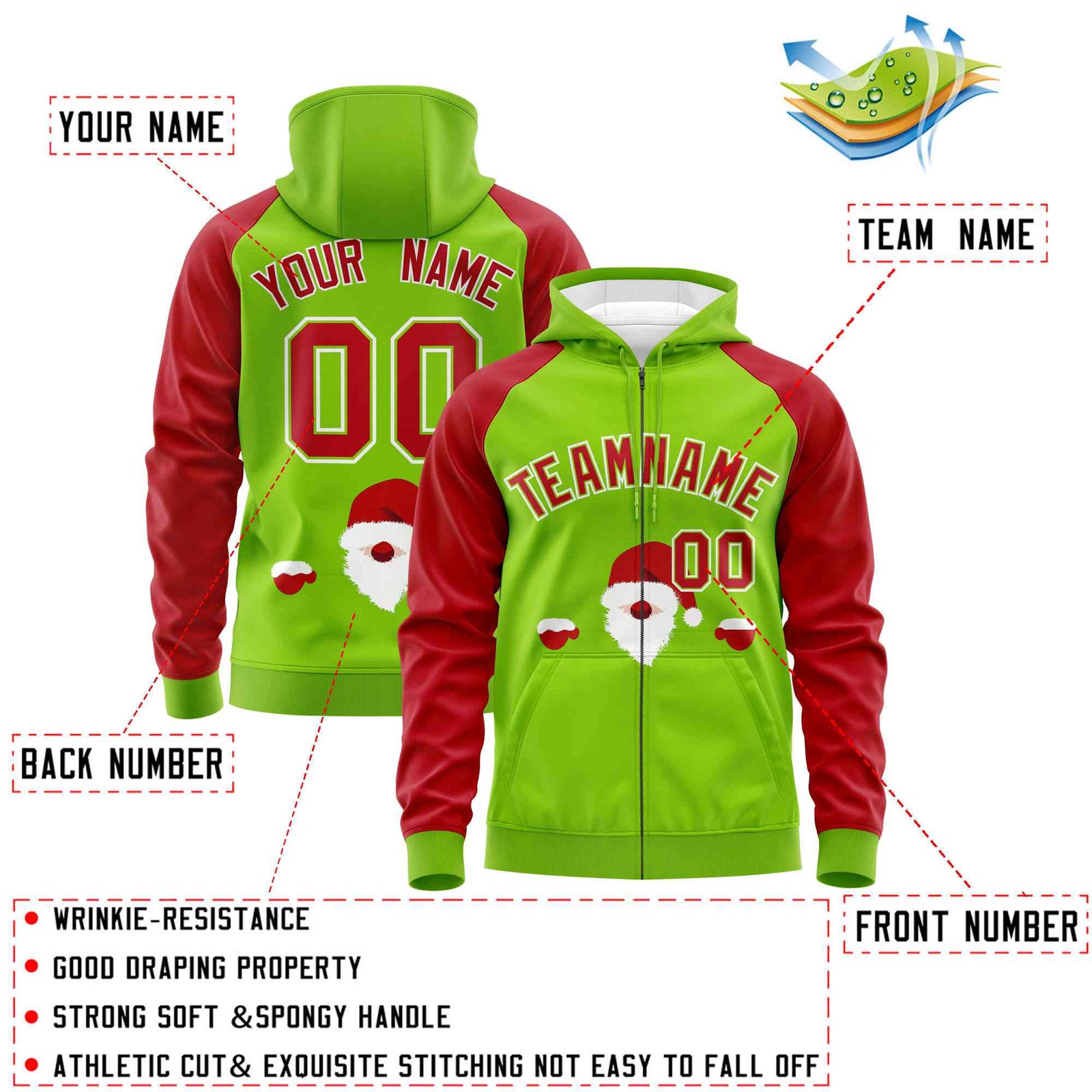 Custom Neon Green Red Christmas Graffiti Pattern Athletic Pullover Hoodie