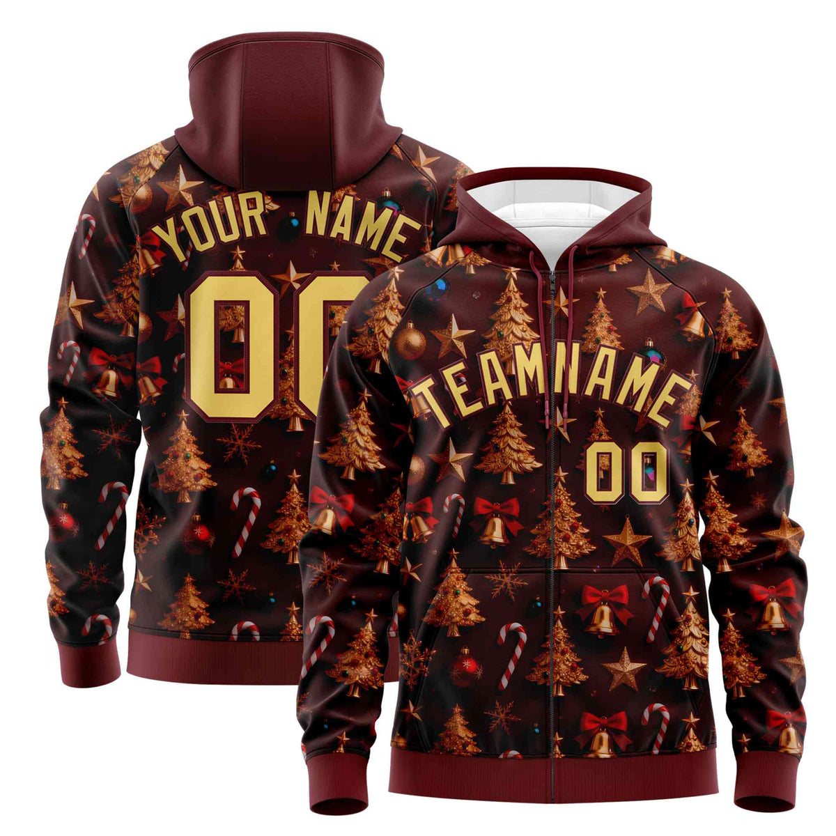Custom Burgundy Khaki Christmas Graffiti Pattern Athletic Full-Zip Hoodie