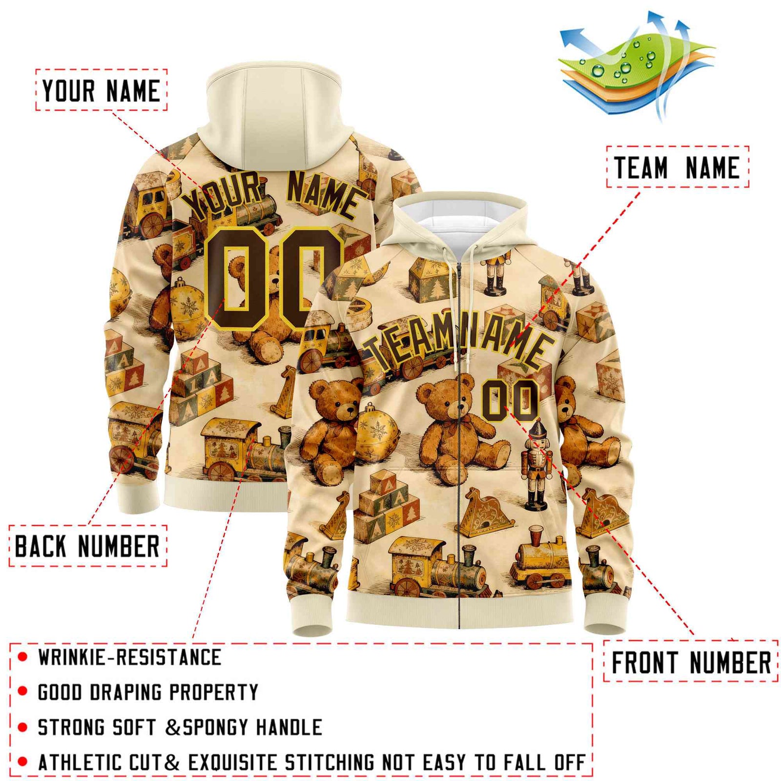 Custom Cream Light Brown Christmas Graffiti Pattern Athletic Pullover Hoodie