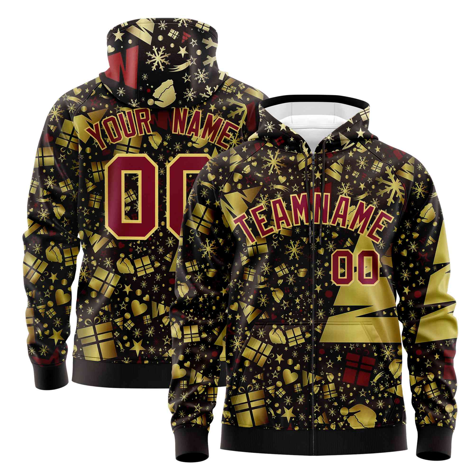 Custom Brown Crimson Christmas Graffiti Pattern Athletic Pullover Hoodie