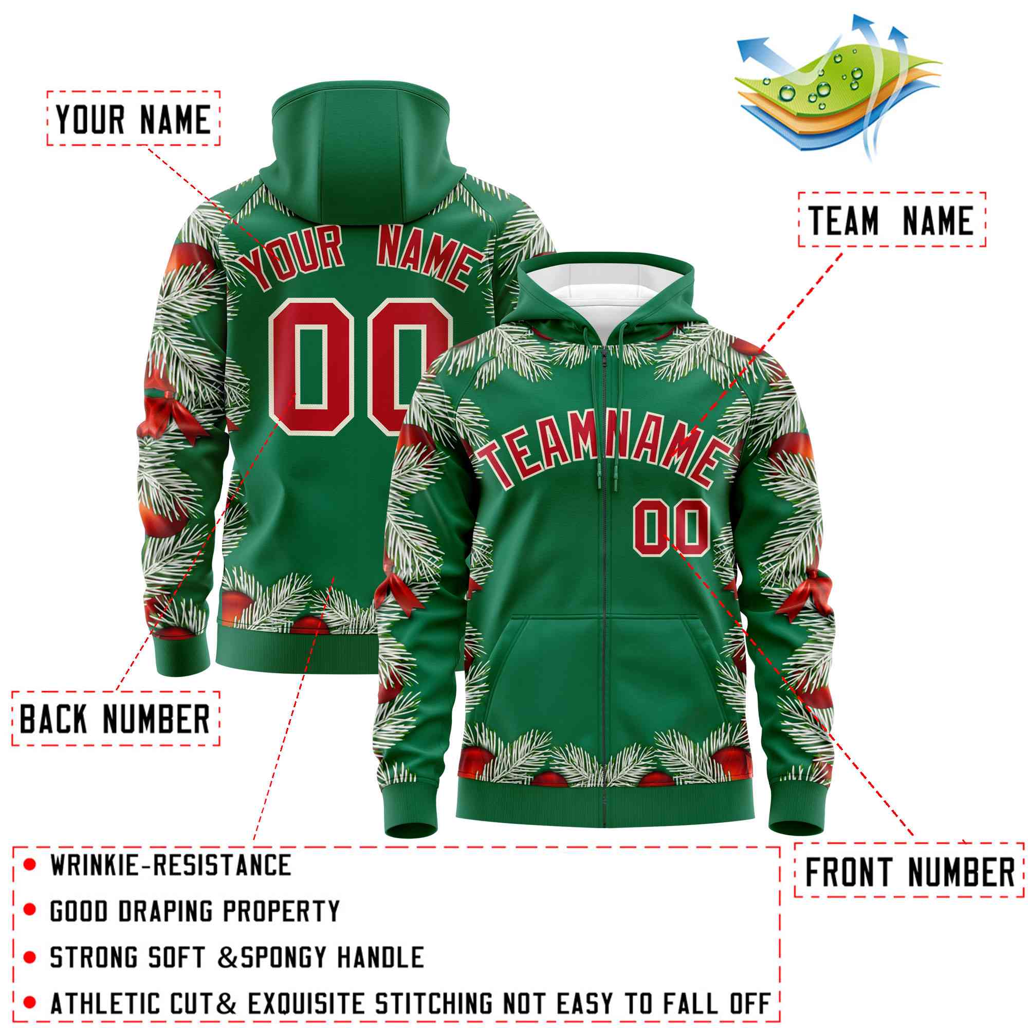 Custom Kelly Green Red Christmas Graffiti Pattern Athletic Pullover Hoodie