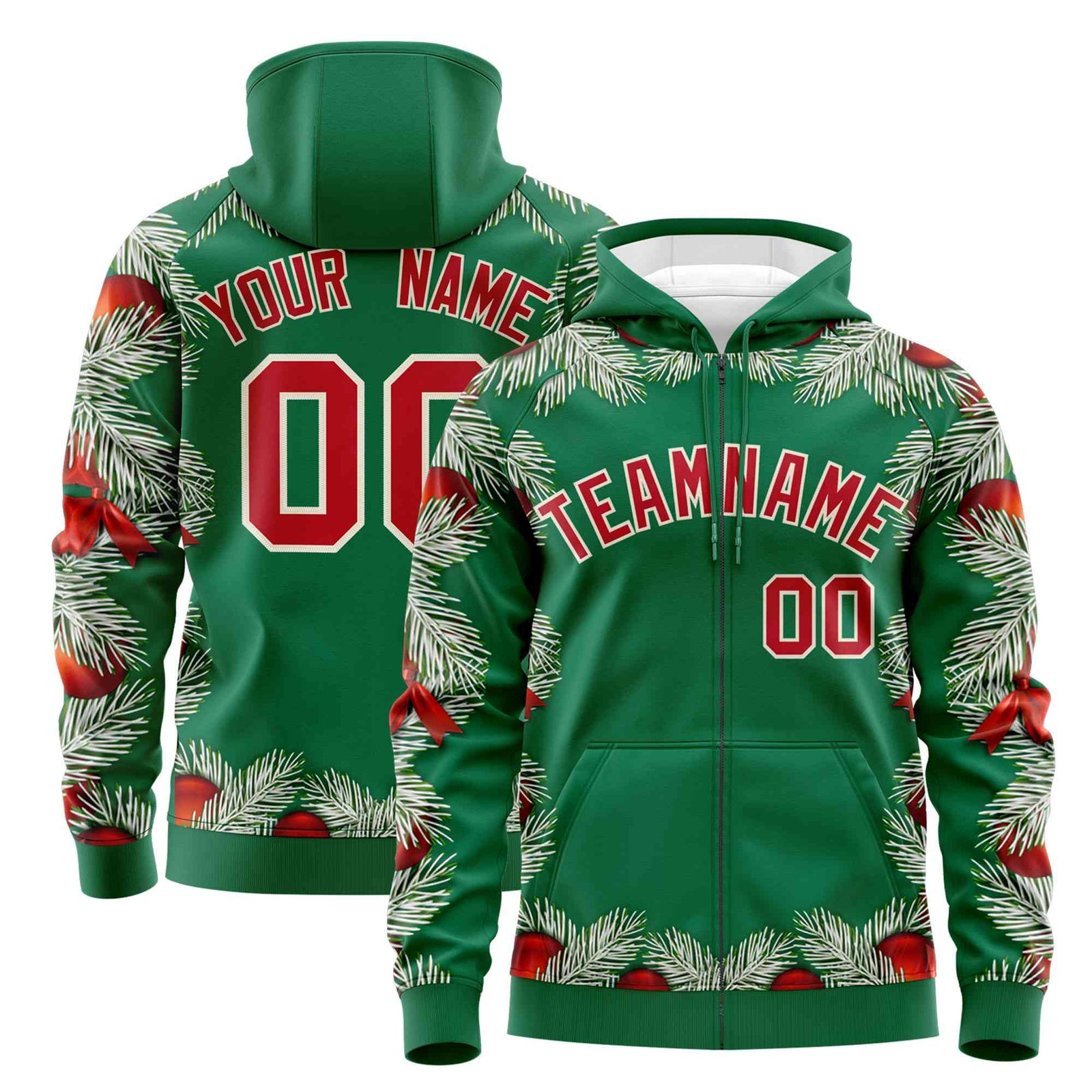 Custom Kelly Green Red Christmas Graffiti Pattern Athletic Pullover Hoodie