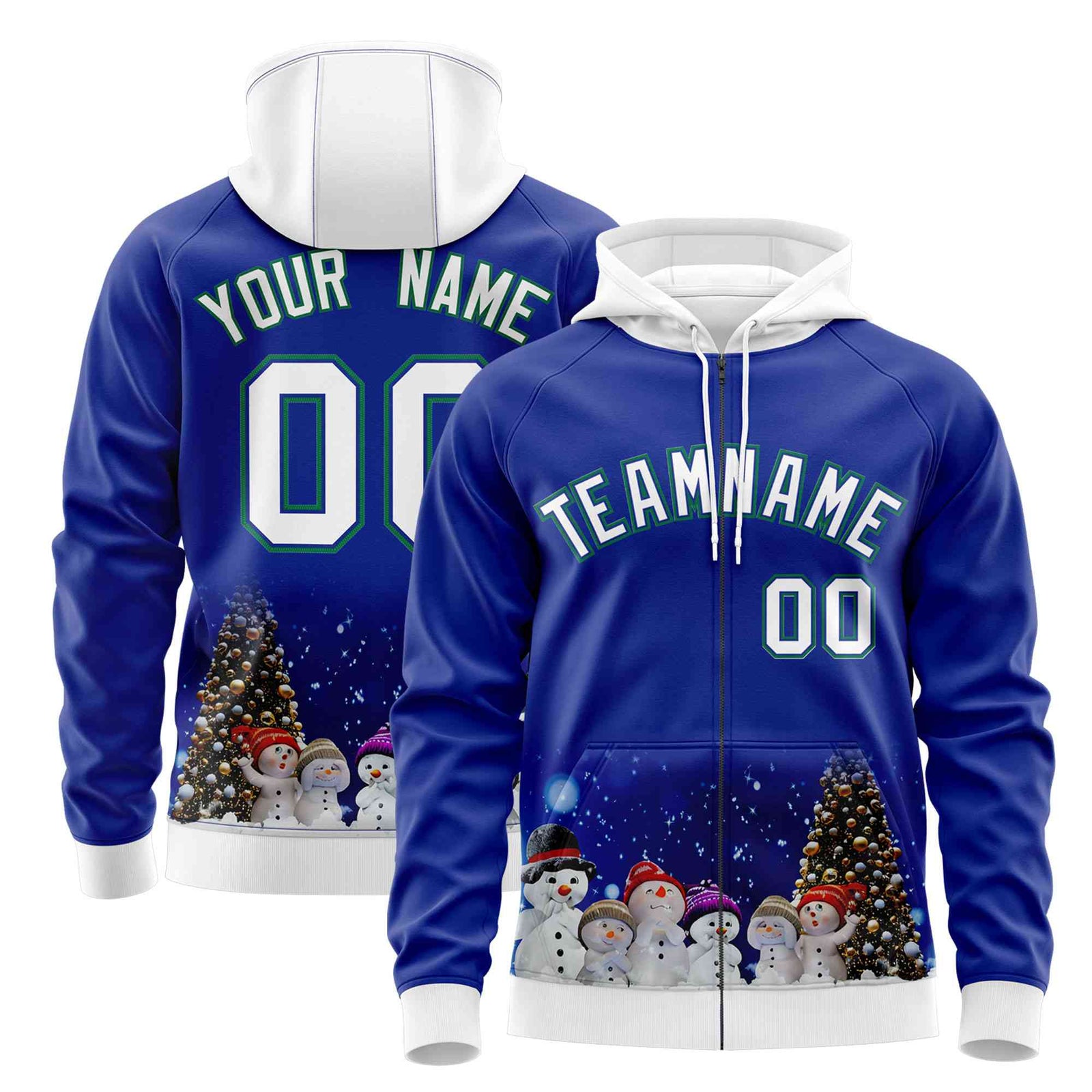 Custom Royal Blue White Christmas Graffiti Pattern Athletic Full-Zip Hoodie
