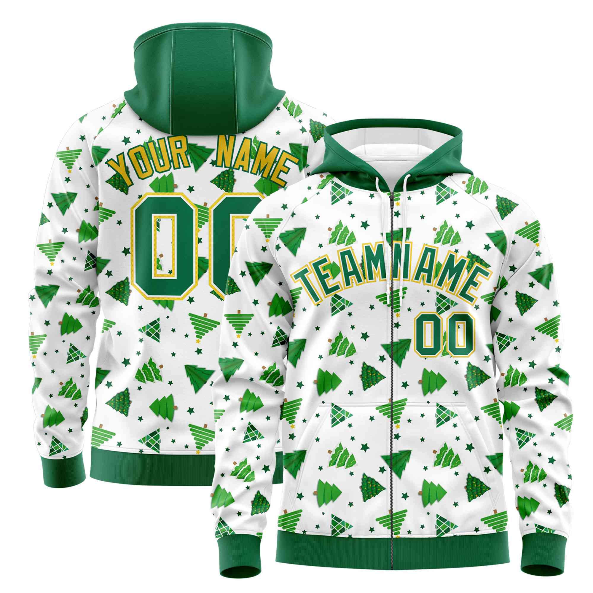 Custom White Kelly Green Christmas Graffiti Pattern Athletic Full-Zip Hoodie