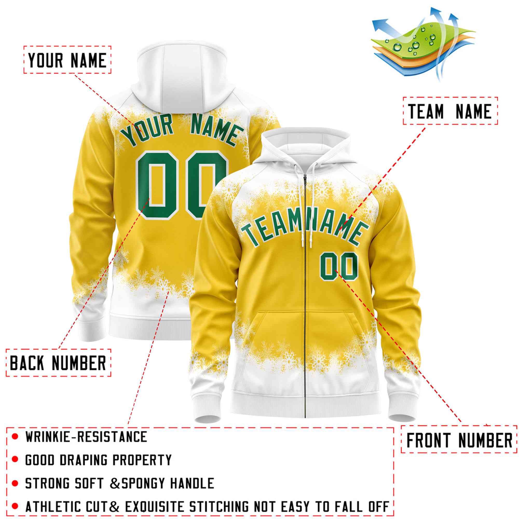 Custom Gold White Christmas Graffiti Pattern Athletic Full-Zip Hoodie