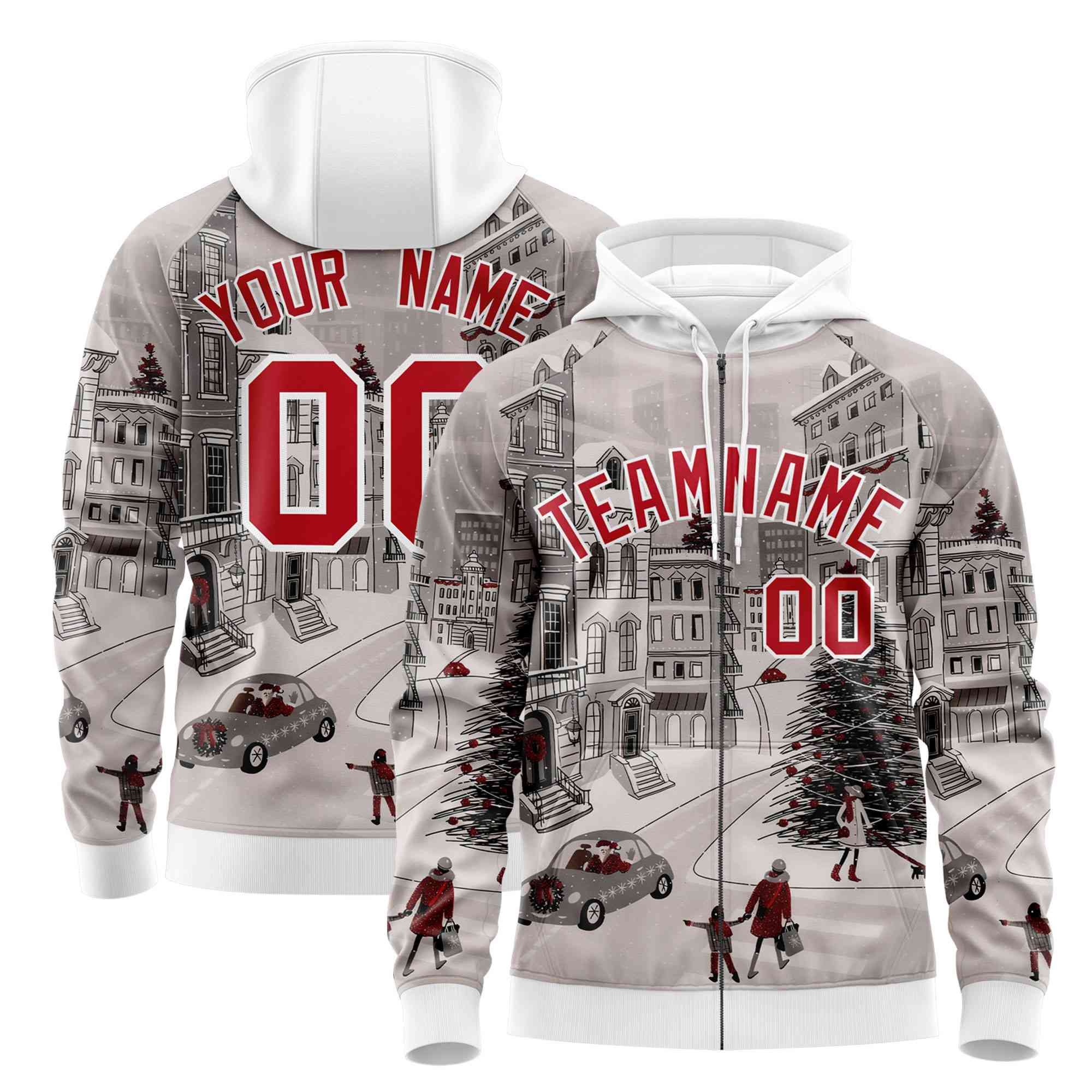 Custom White Red Christmas Graffiti Pattern Athletic Full-Zip Hoodie