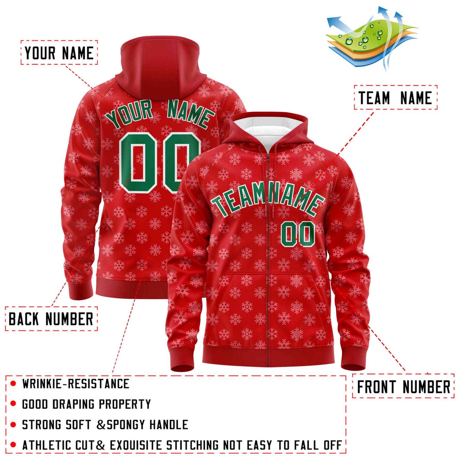 Custom Red Kelly Green Christmas Graffiti Pattern Athletic Full-Zip Hoodie