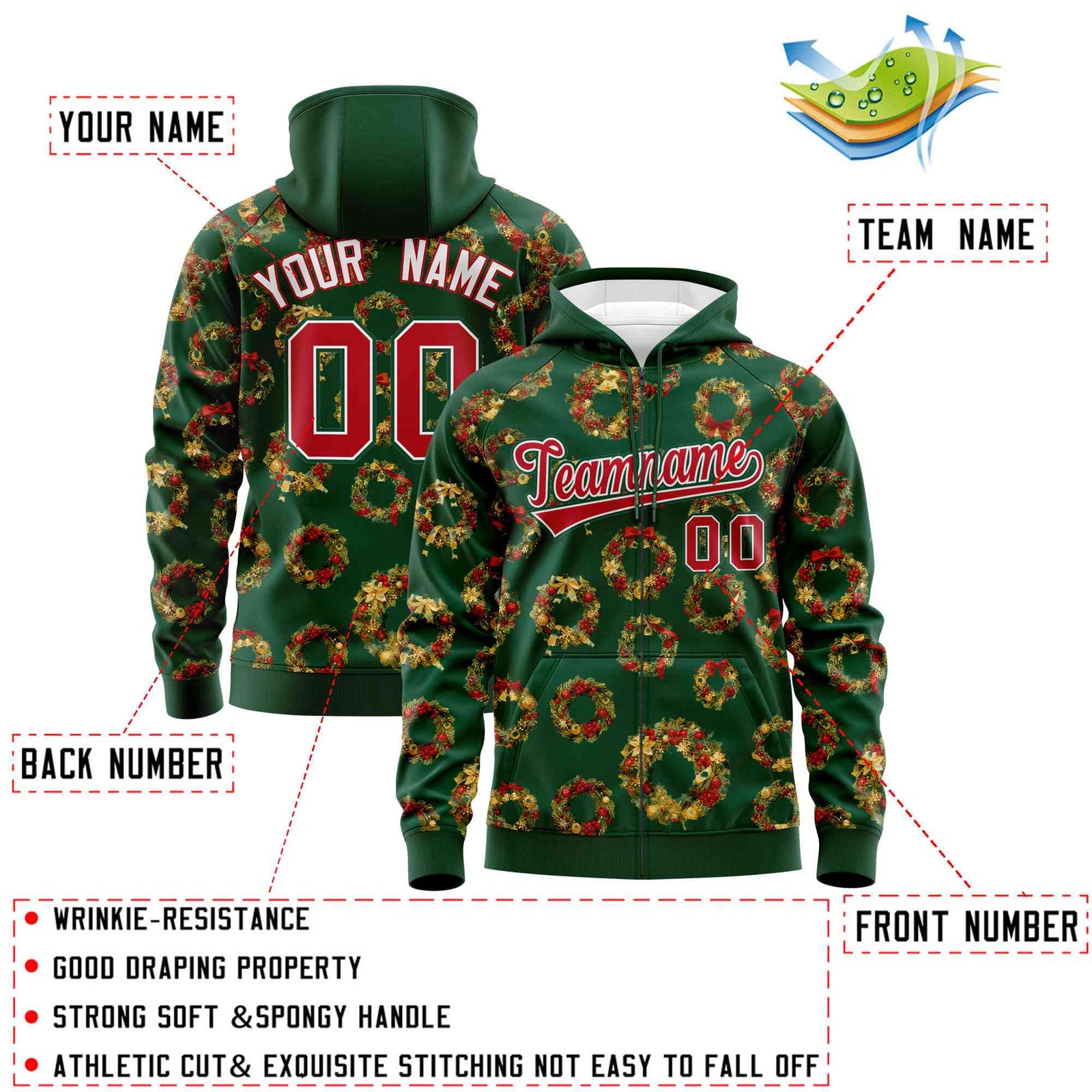 Custom Green Red Christmas Graffiti Pattern Athletic Pullover Hoodie| KXKSHOP