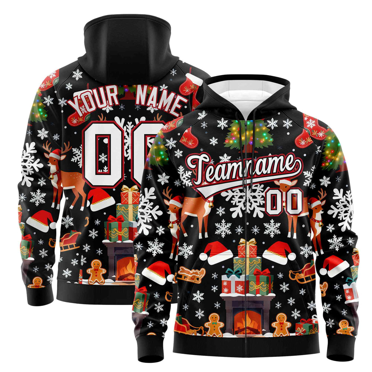 Custom Black White Christmas Graffiti Pattern Athletic Full-Zip Hoodie| KXKSHOP