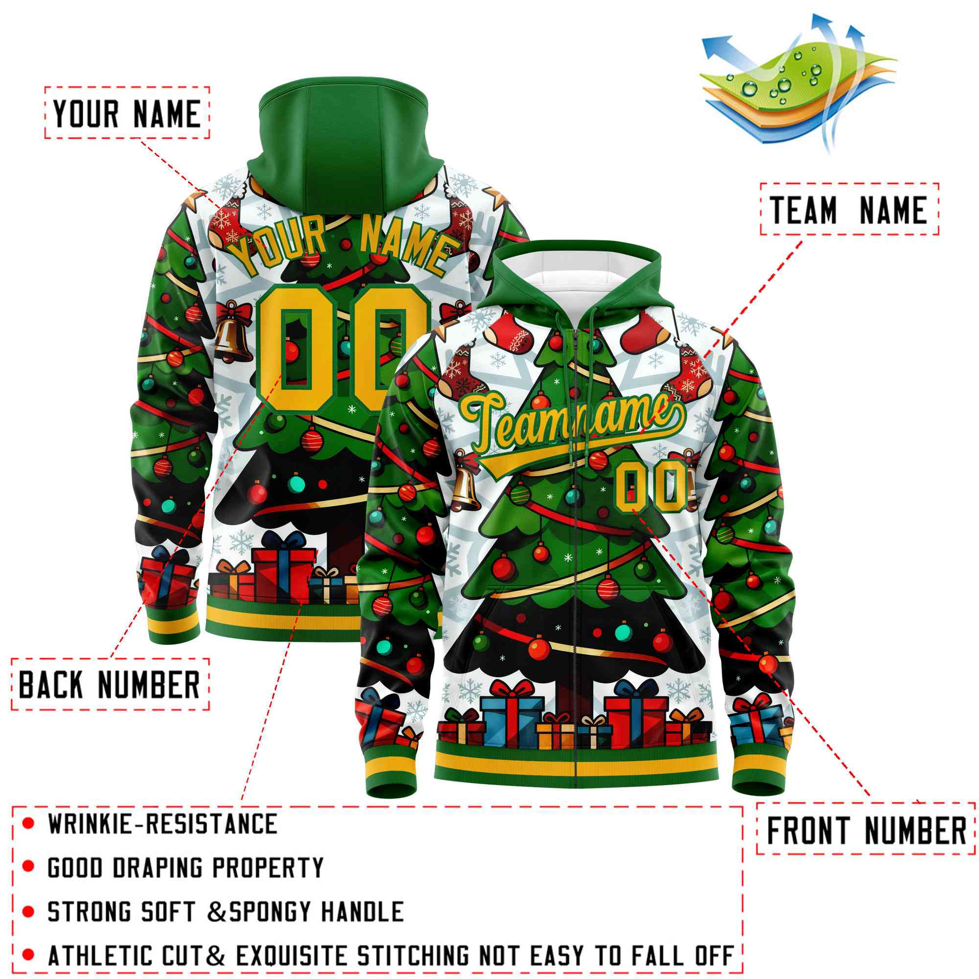 Custom Kelly Green Gold Christmas Graffiti Pattern Athletic Full-Zip Hoodie| KXKSHOP