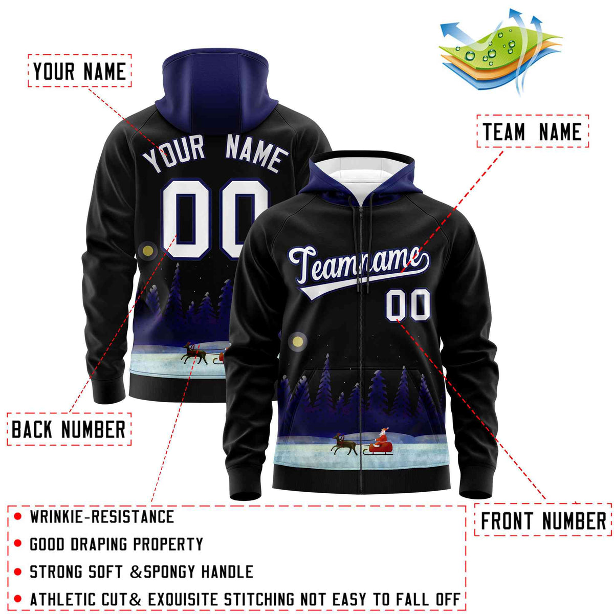 Custom Black Dark Blue Christmas Graffiti Pattern Athletic Pullover Hoodie| KXKSHOP