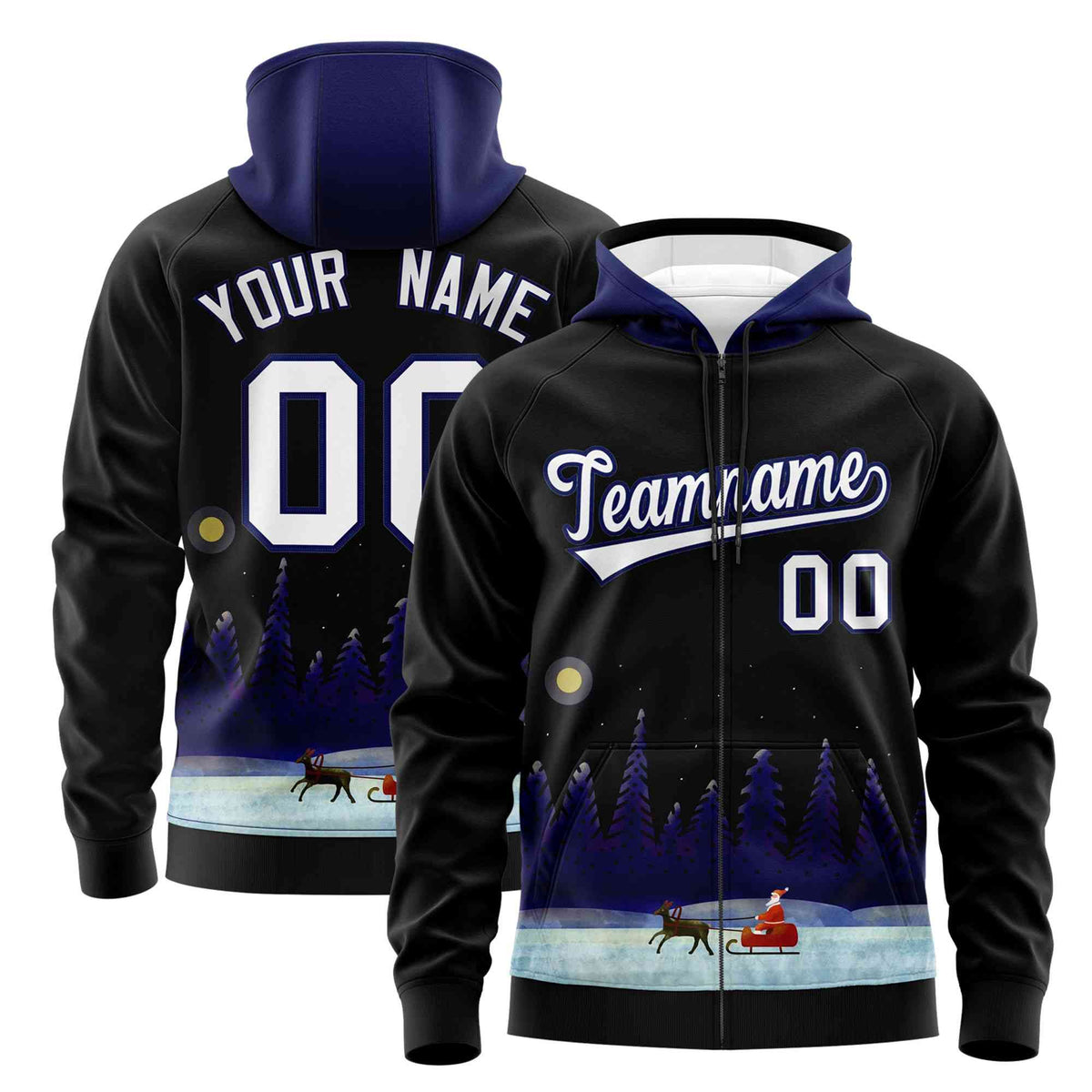Custom Black Dark Blue Christmas Graffiti Pattern Athletic Full-Zip Hoodie| KXKSHOP