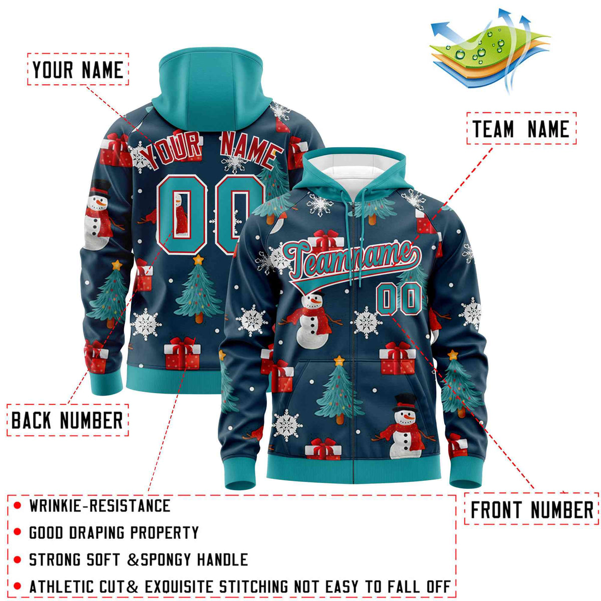Custom Midnight Blue Aqua Christmas Graffiti Pattern Athletic Pullover Hoodie| KXKSHOP