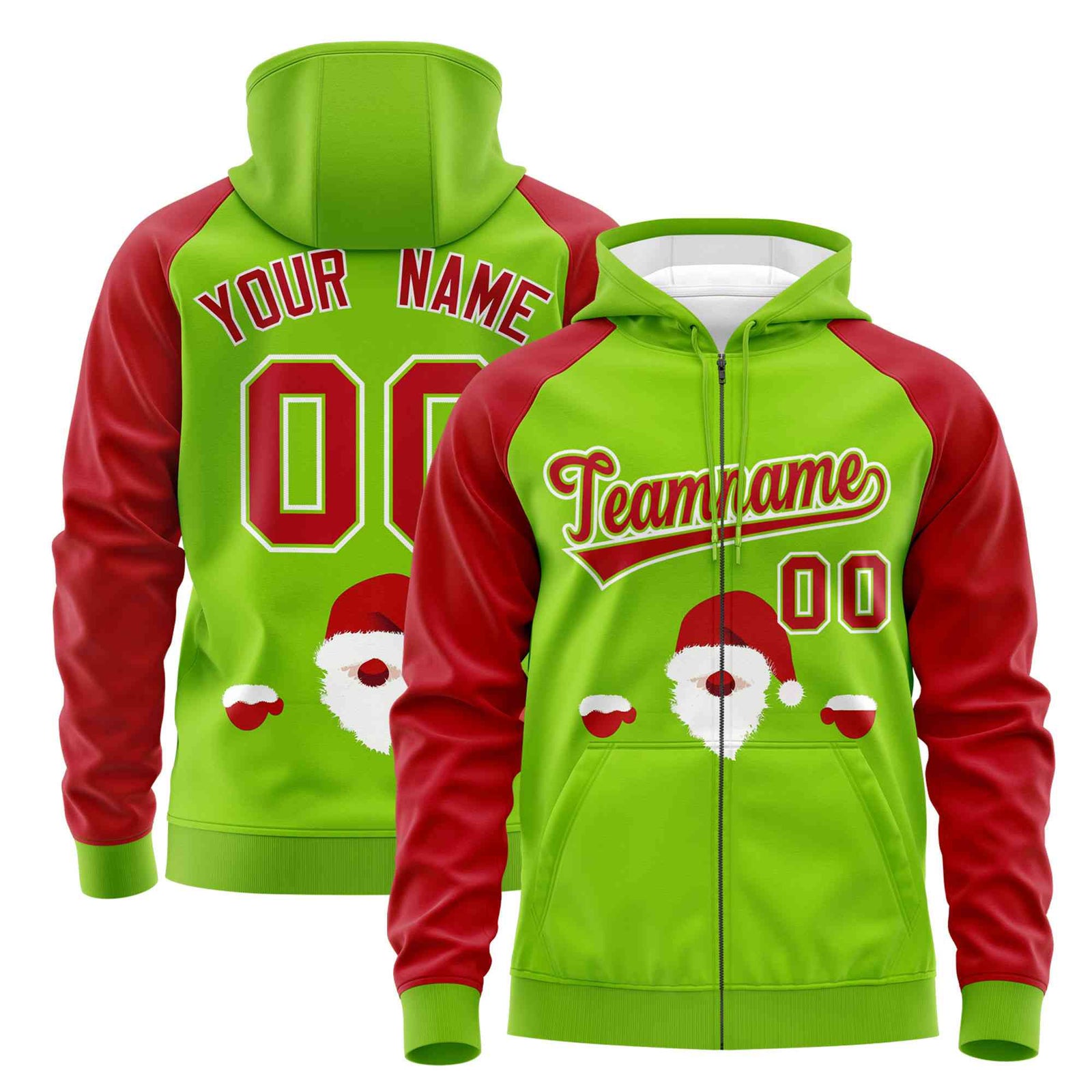 Custom Neon Green Red Christmas Graffiti Pattern Athletic Full-Zip Hoodie| KXKSHOP