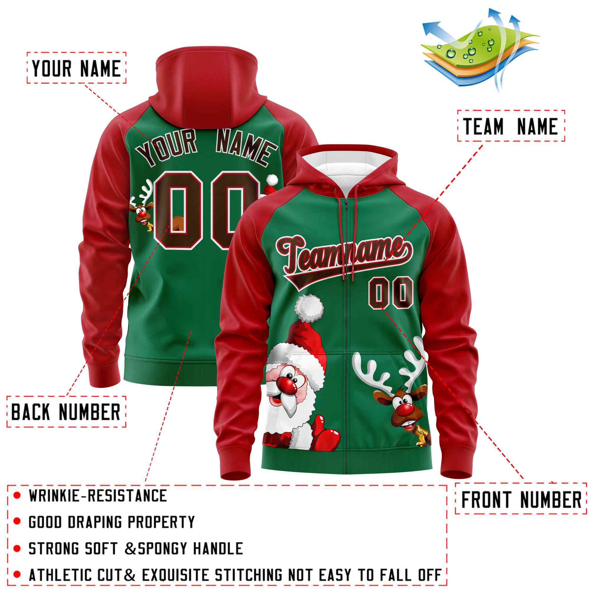 Custom Kelly Green Red Christmas Graffiti Pattern Athletic Full-Zip Hoodie| KXKSHOP