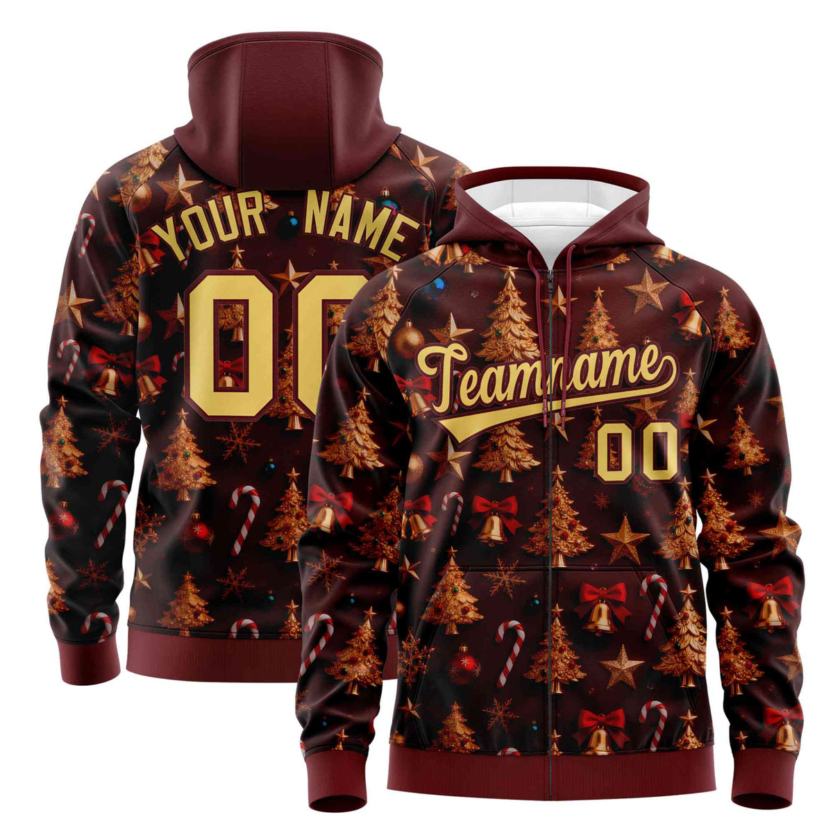 Custom Burgundy Khaki Christmas Graffiti Pattern Athletic Full-Zip Hoodie| KXKSHOP