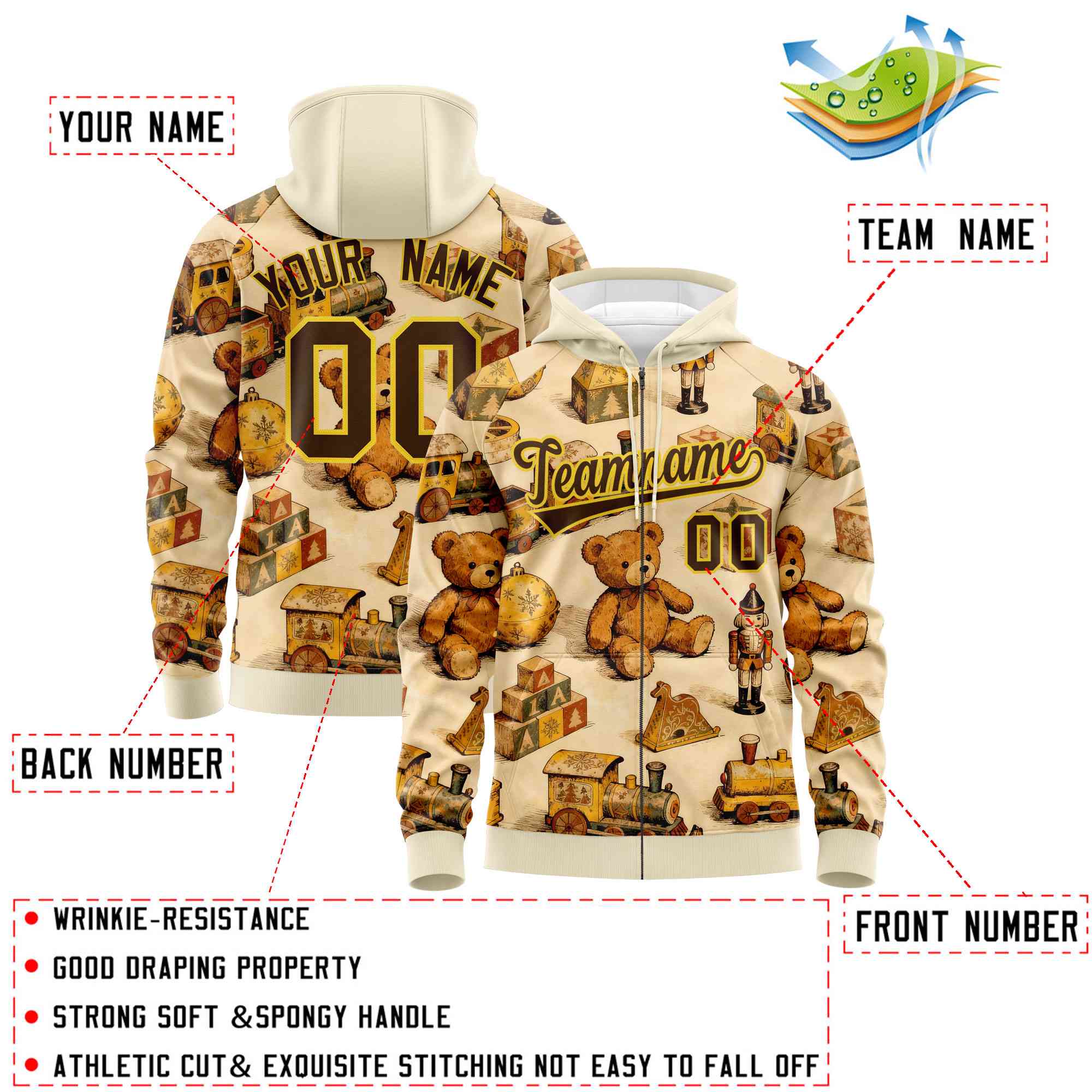 Custom Cream Light Brown Christmas Graffiti Pattern Athletic Full-Zip Hoodie| KXKSHOP