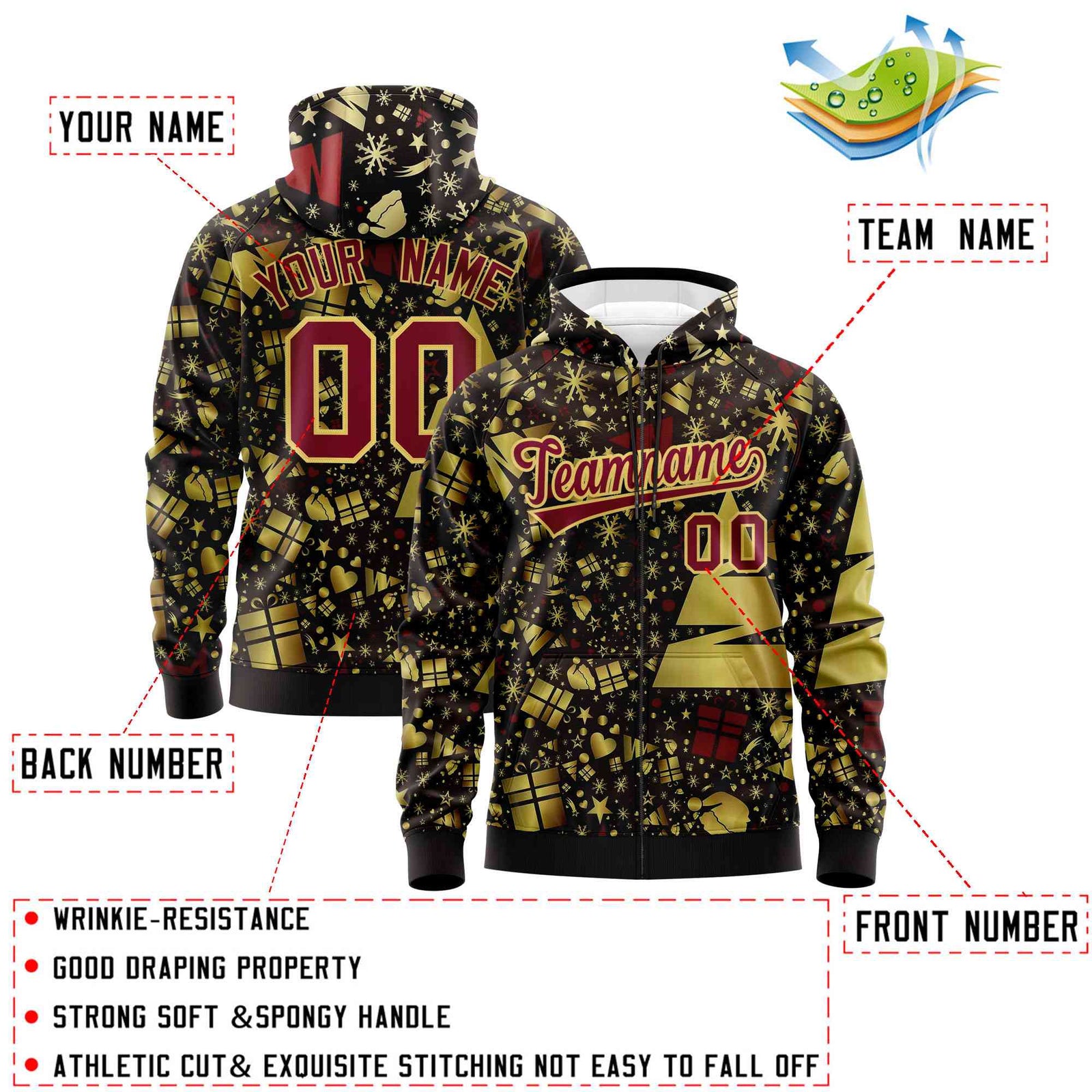 Custom Brown Crimson Christmas Graffiti Pattern Athletic Full-Zip Hoodie| KXKSHOP