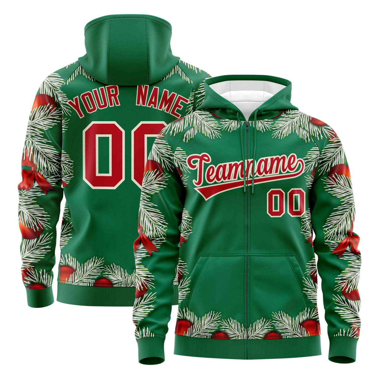 Custom Kelly Green Red Christmas Graffiti Pattern Athletic Full-Zip Hoodie| KXKSHOP