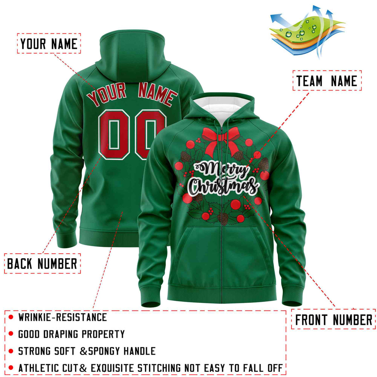 Custom Kelly Green Red Christmas Graffiti Pattern Athletic Full-Zip Hoodie