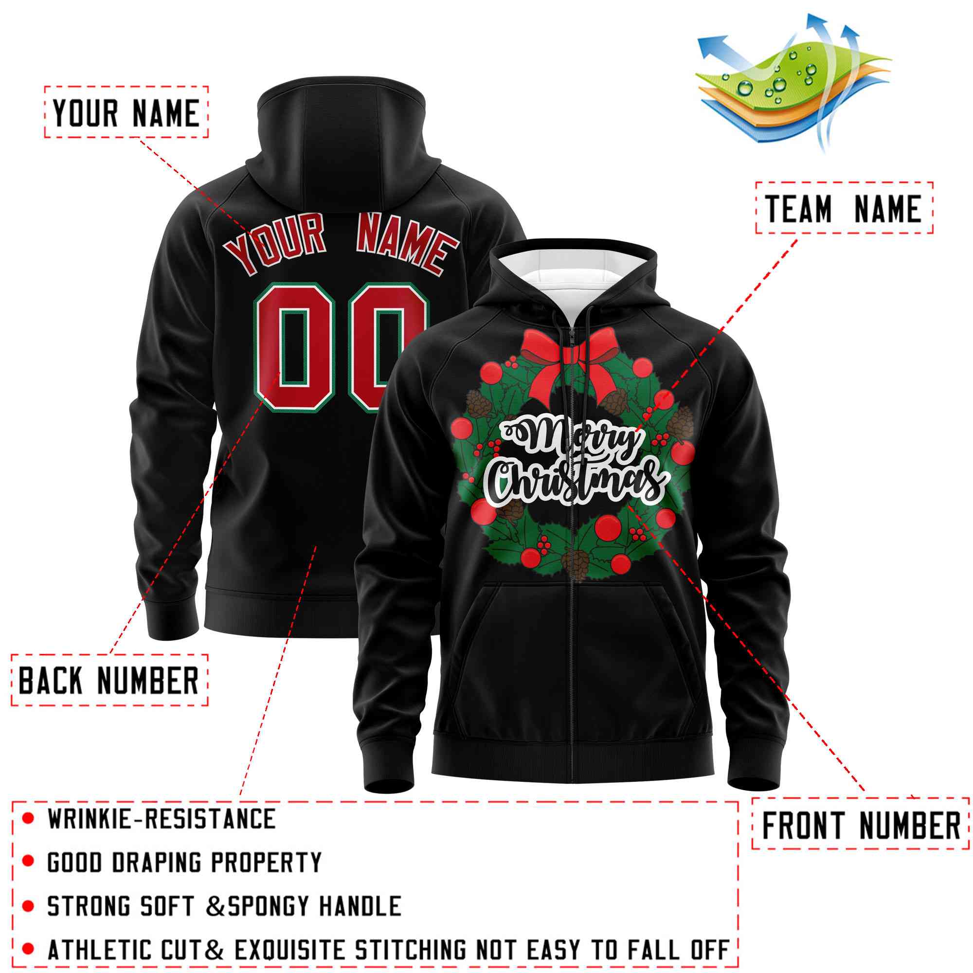 Custom Black Red Christmas Graffiti Pattern Athletic Full-Zip Hoodie