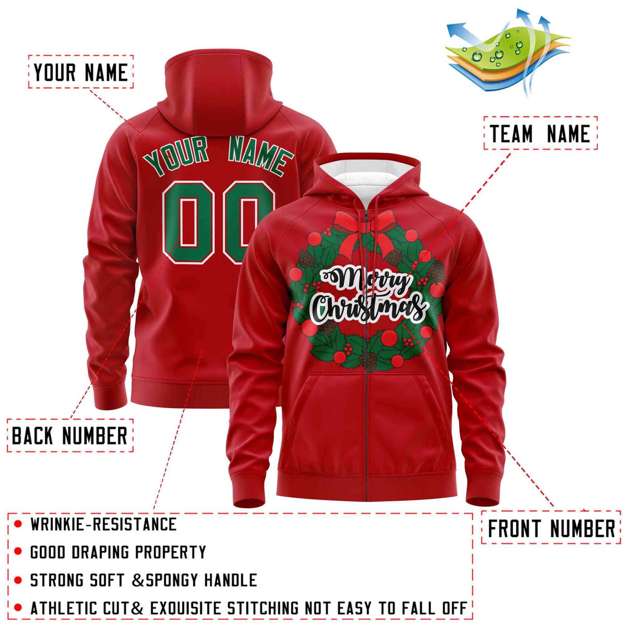 Custom Red Kelly Green Christmas Graffiti Pattern Athletic Full-Zip Hoodie
