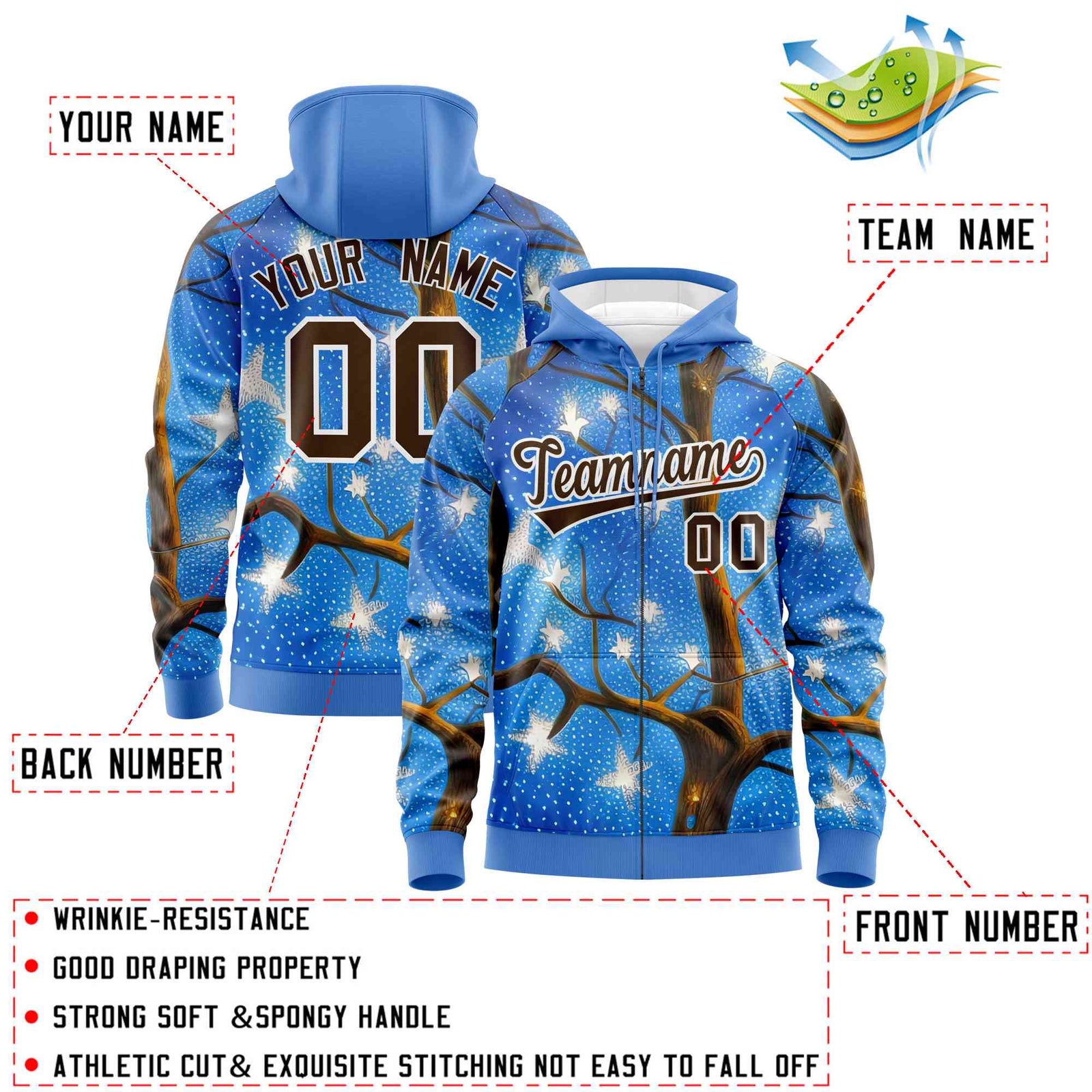 Custom Powder Blue Light Brown Christmas Graffiti Pattern Athletic Full-Zip Hoodie| KXKSHOP