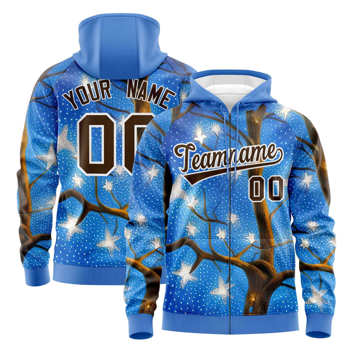 Custom Powder Blue Light Brown Christmas Graffiti Pattern Athletic Pullover Hoodie| KXKSHOP