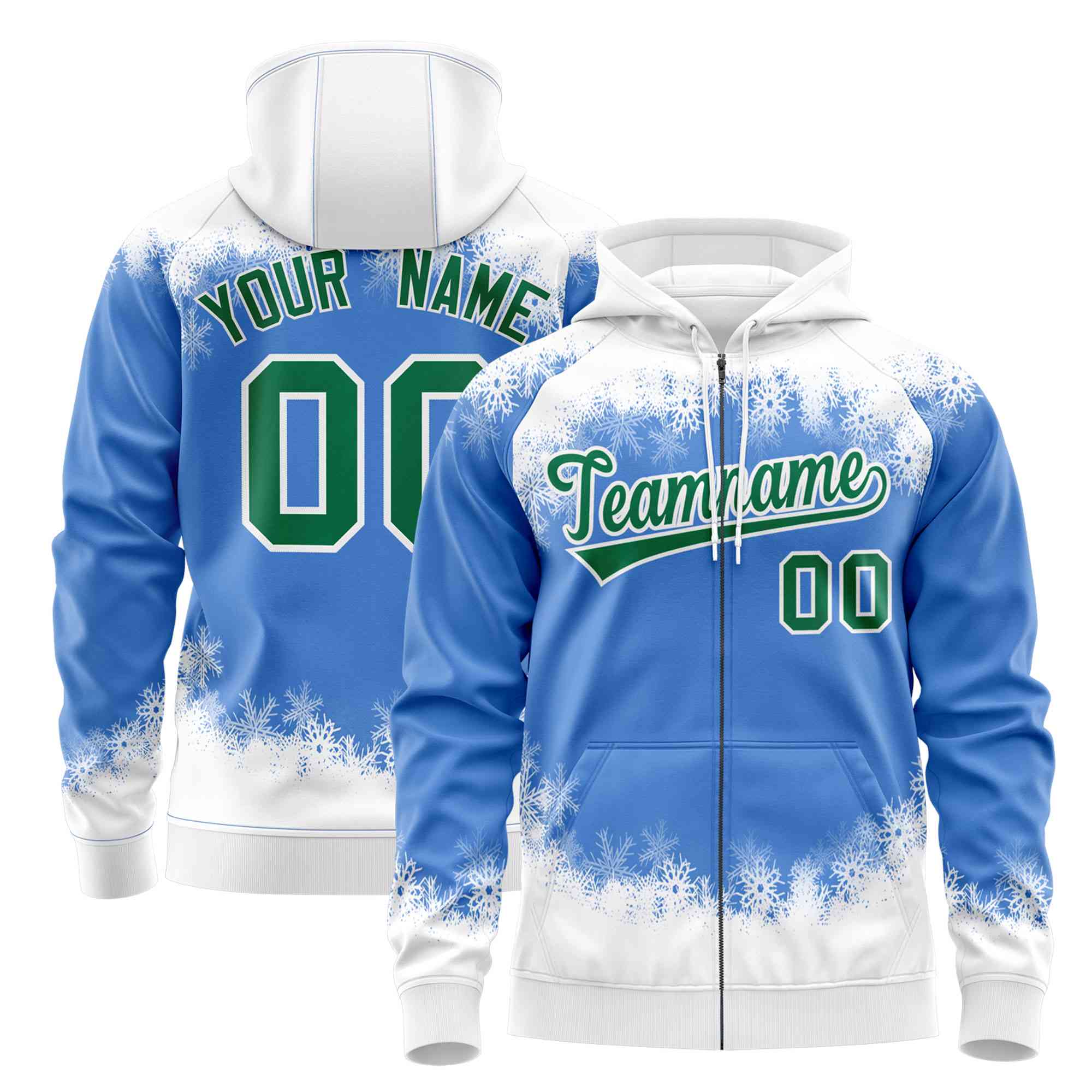 Custom Powder Blue White Christmas Graffiti Pattern Athletic Full-Zip Hoodie| KXKSHOP