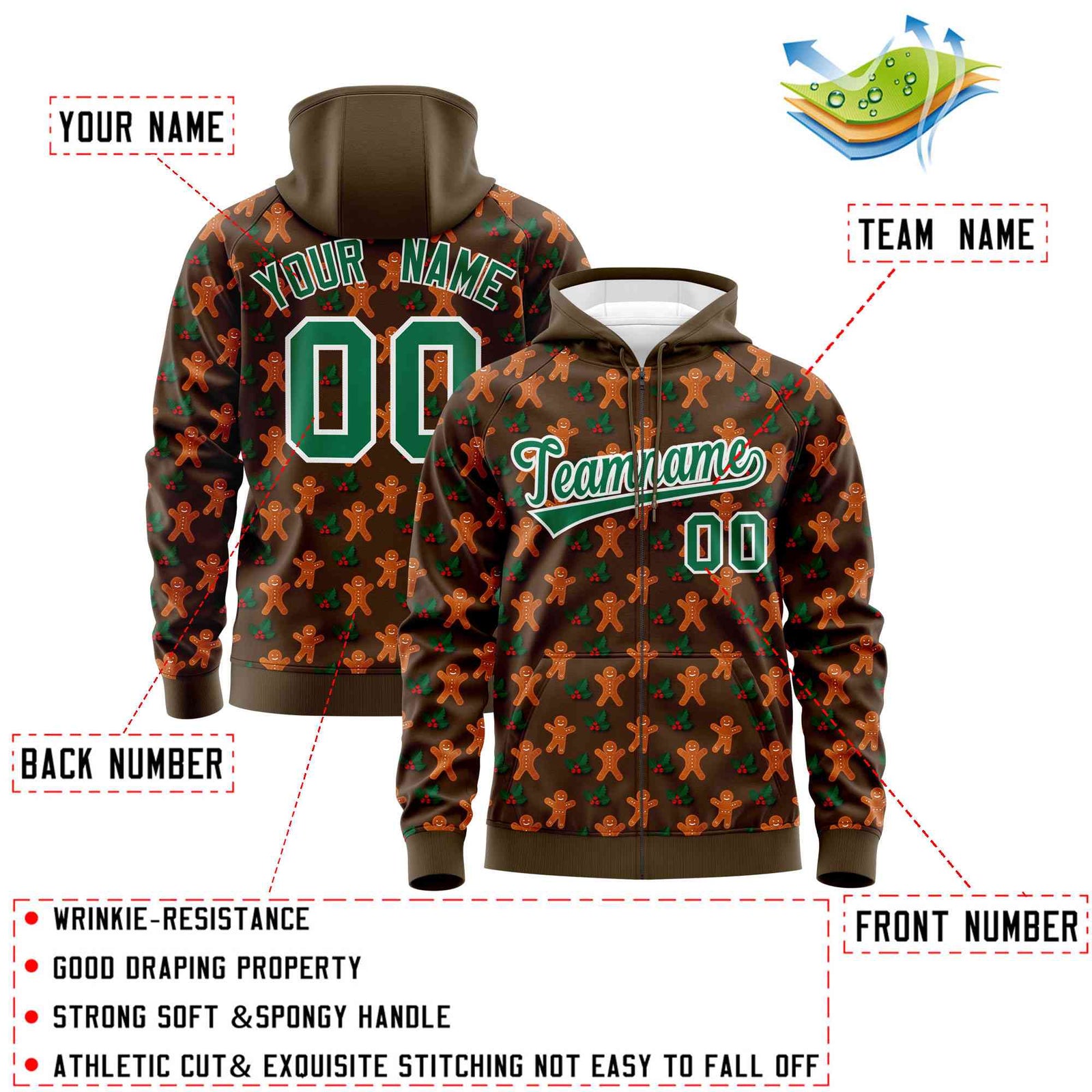 Custom Light Brown Kelly Green Christmas Graffiti Pattern Athletic Full-Zip Hoodie| KXKSHOP