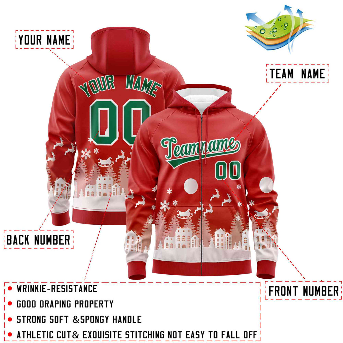 Custom Red Kelly Green Christmas Graffiti Pattern Athletic Full-Zip Hoodie| KXKSHOP