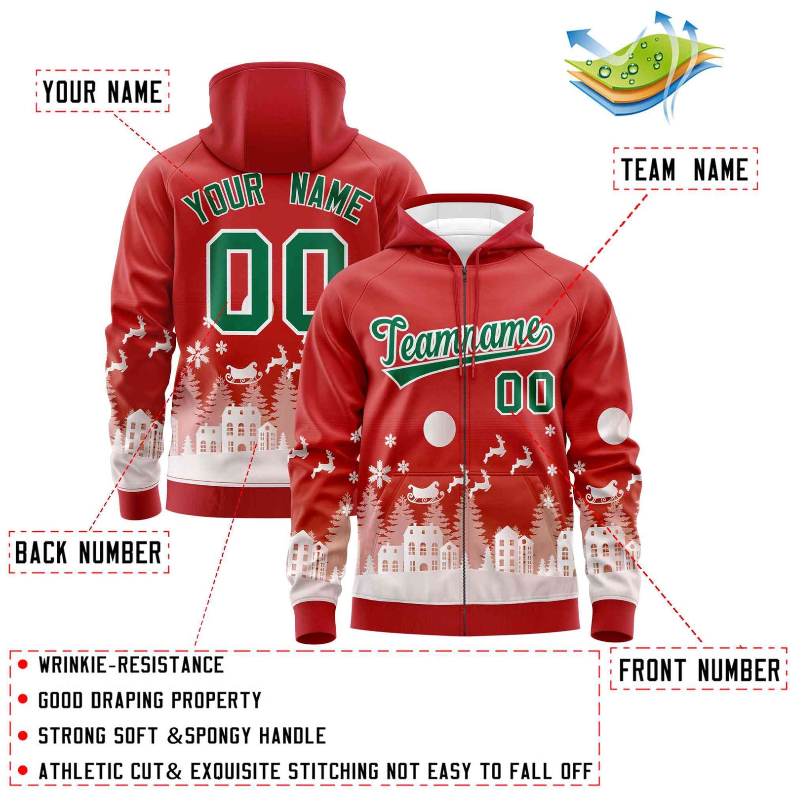 Custom Red Kelly Green Christmas Graffiti Pattern Athletic Full-Zip Hoodie| KXKSHOP