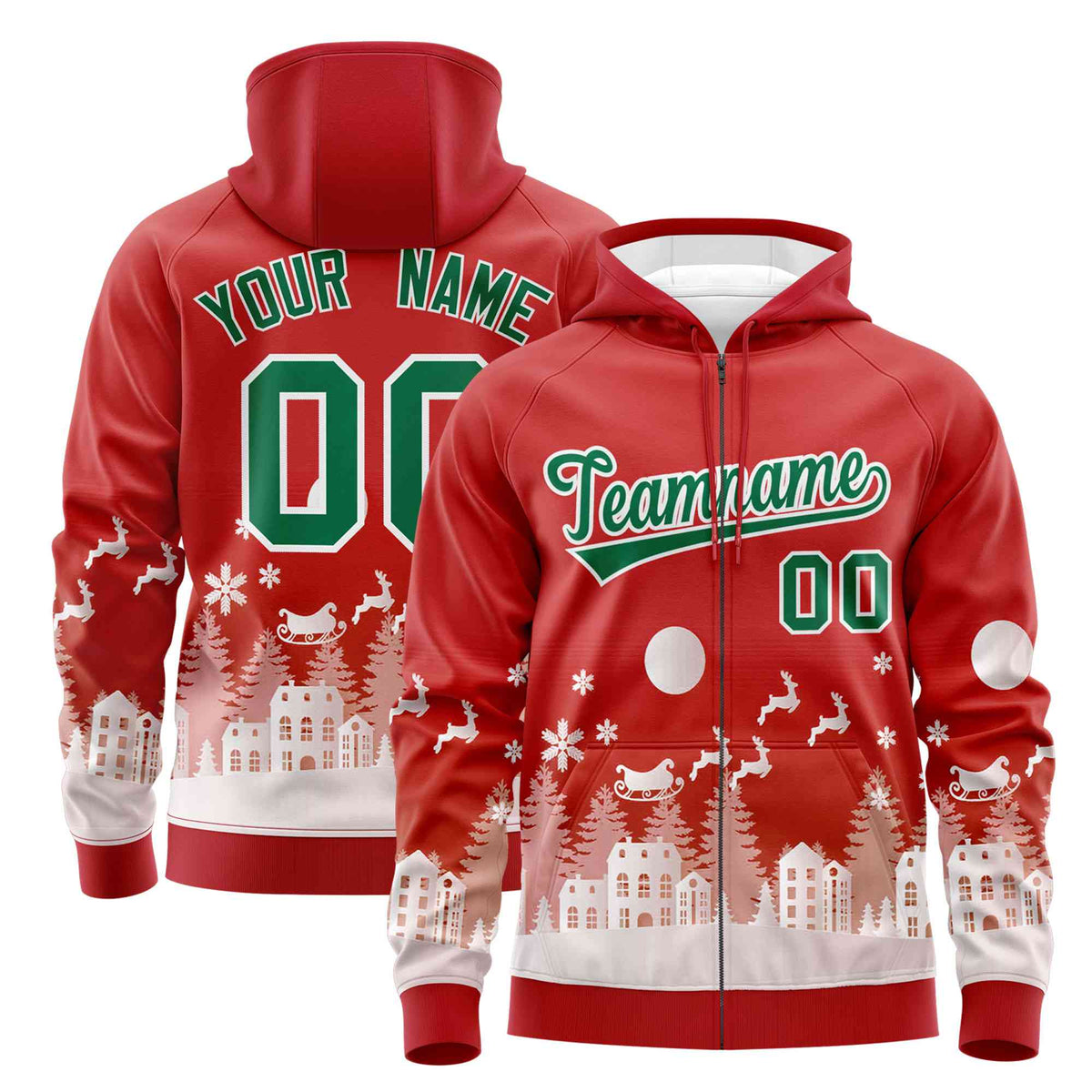 Custom Red Kelly Green Christmas Graffiti Pattern Athletic Full-Zip Hoodie| KXKSHOP