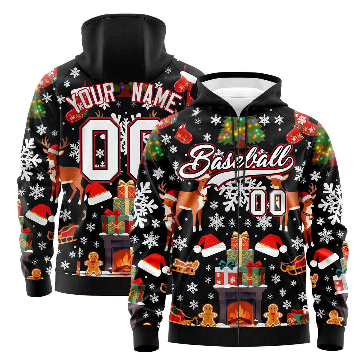 Custom Black White Christmas Graffiti Pattern Athletic Full-Zip Hoodie