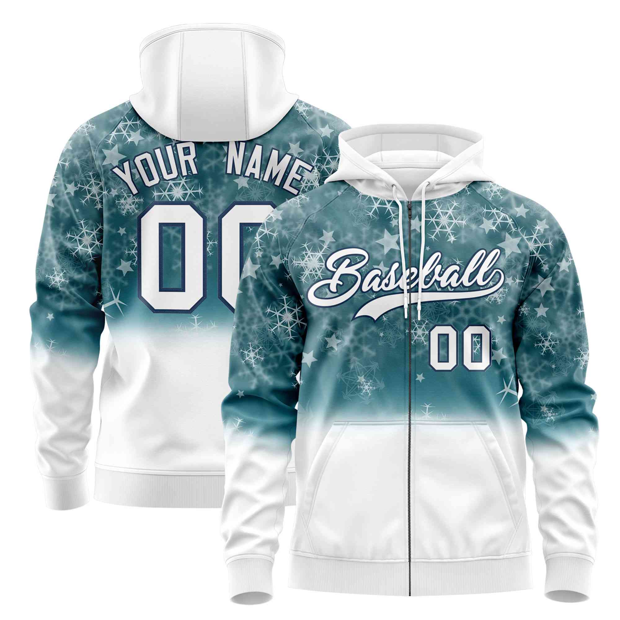 Custom White Midnight Blue Christmas Graffiti Pattern Athletic Full-Zip Hoodie