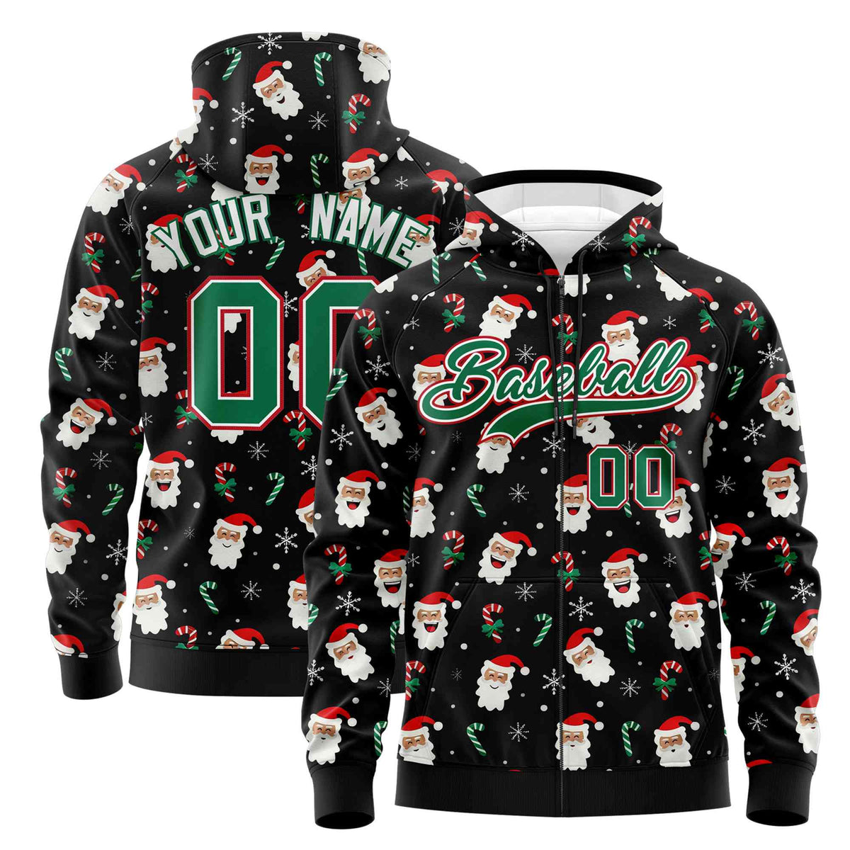 Custom Black Kelly Green Christmas Graffiti Pattern Athletic Full-Zip Hoodie