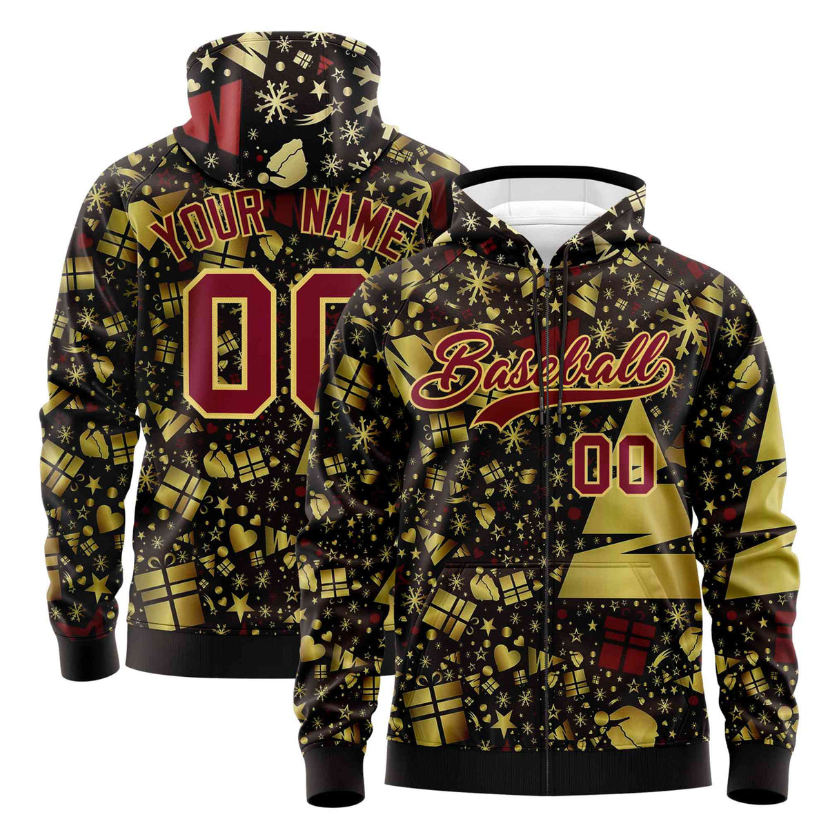 Custom Brown Crimson Christmas Graffiti Pattern Athletic Full-Zip Hoodie
