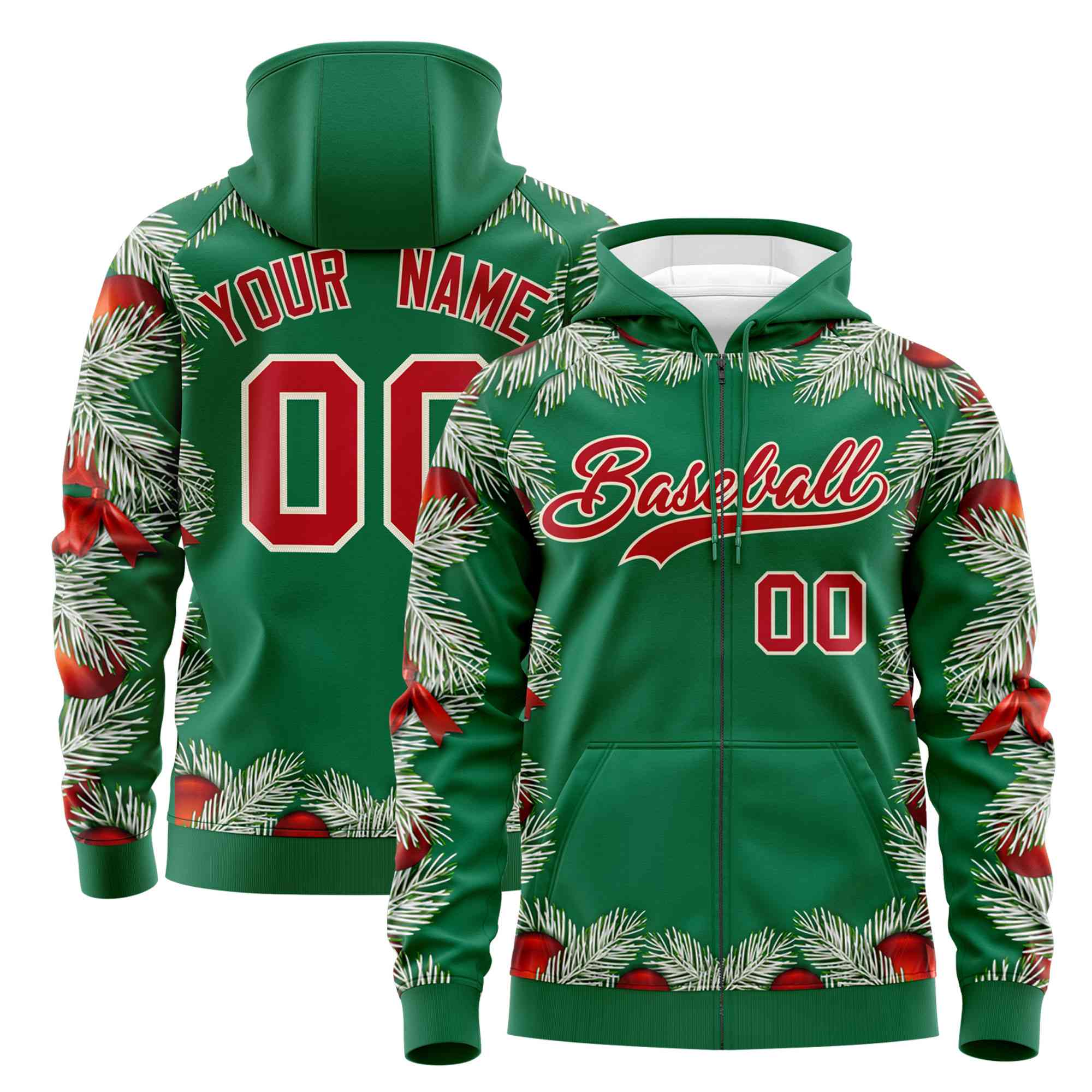 Custom Kelly Green Red Christmas Graffiti Pattern Athletic Full-Zip Hoodie