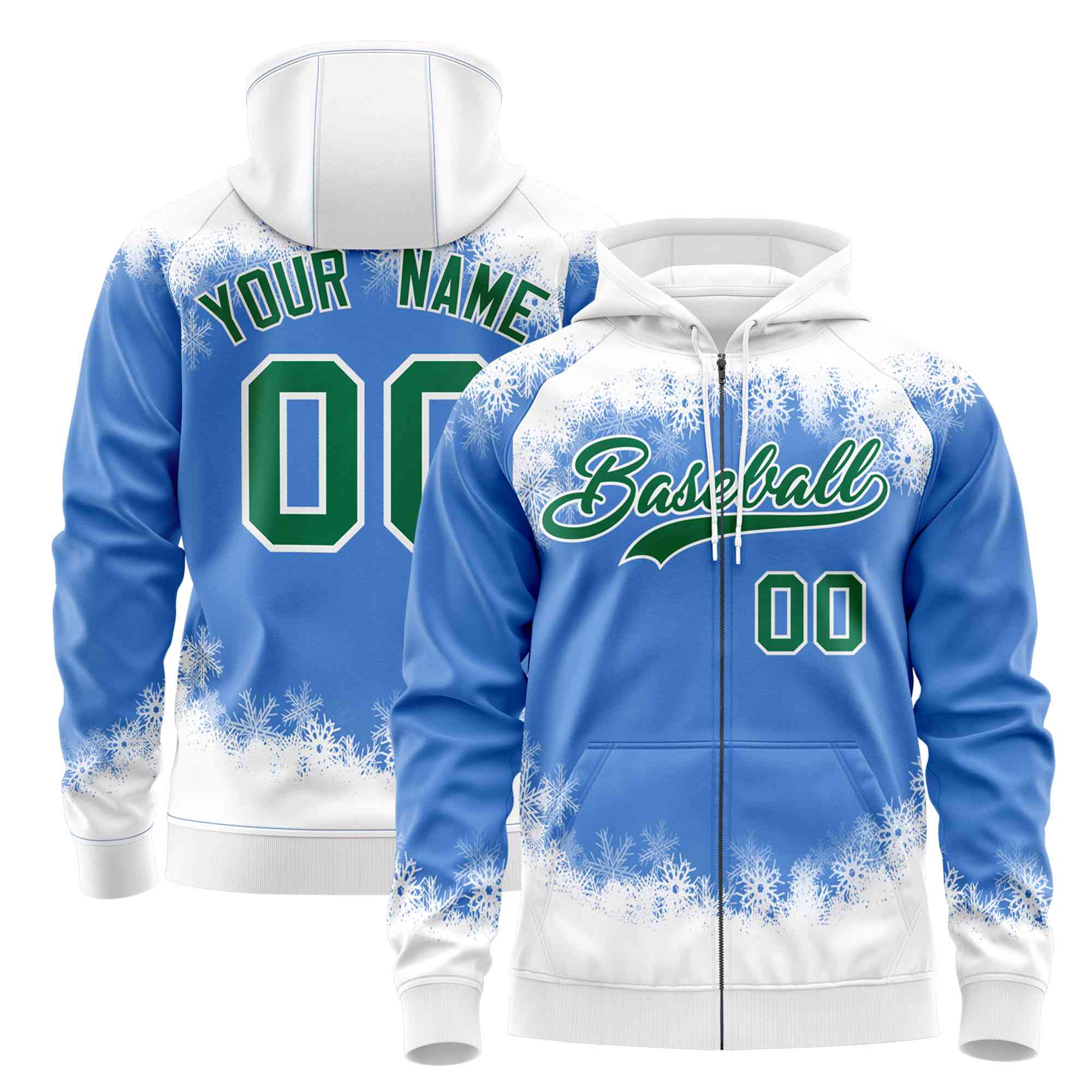 Custom Powder Blue White Christmas Graffiti Pattern Athletic Full-Zip Hoodie