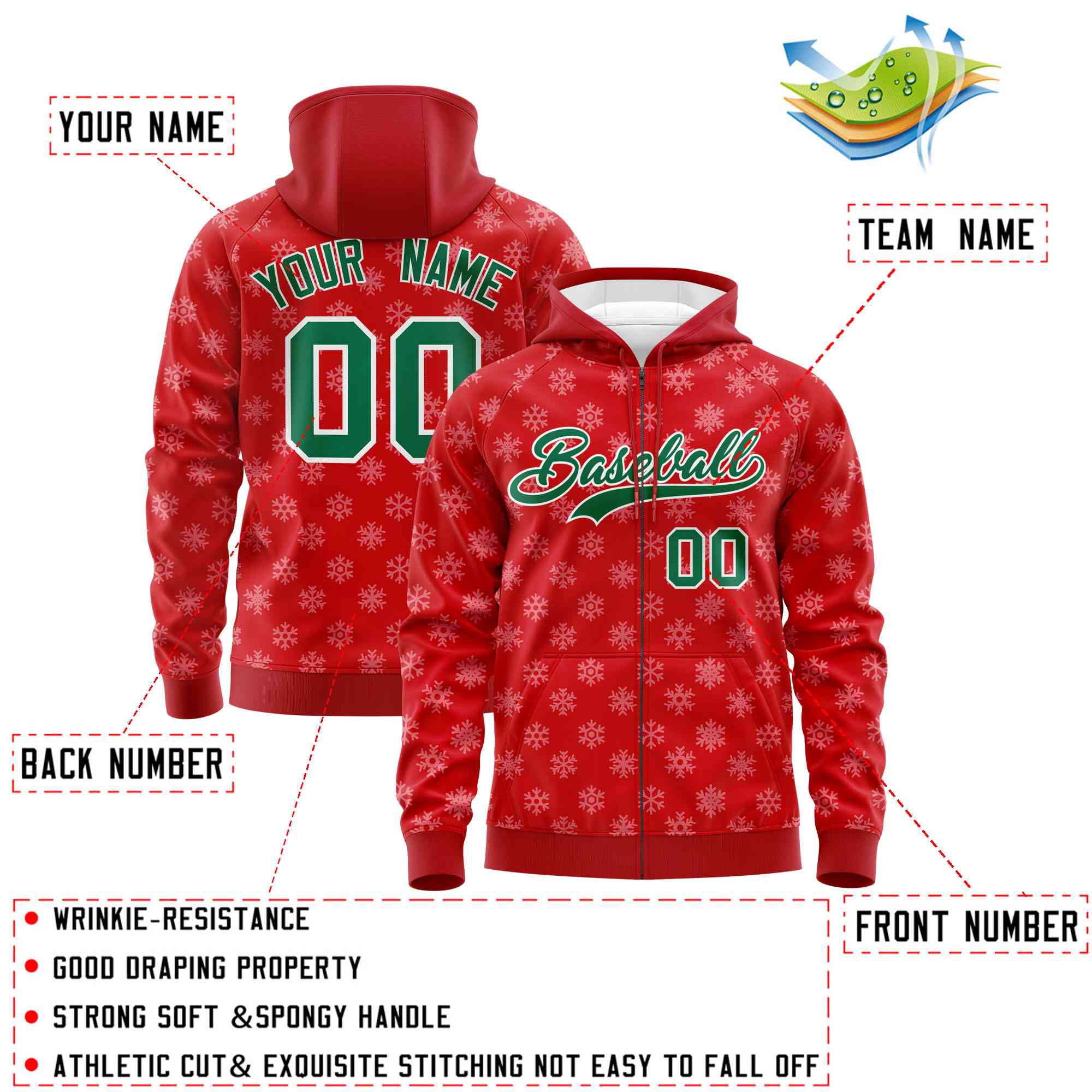 Custom Red Kelly Green Christmas Graffiti Pattern Athletic Pullover Hoodie