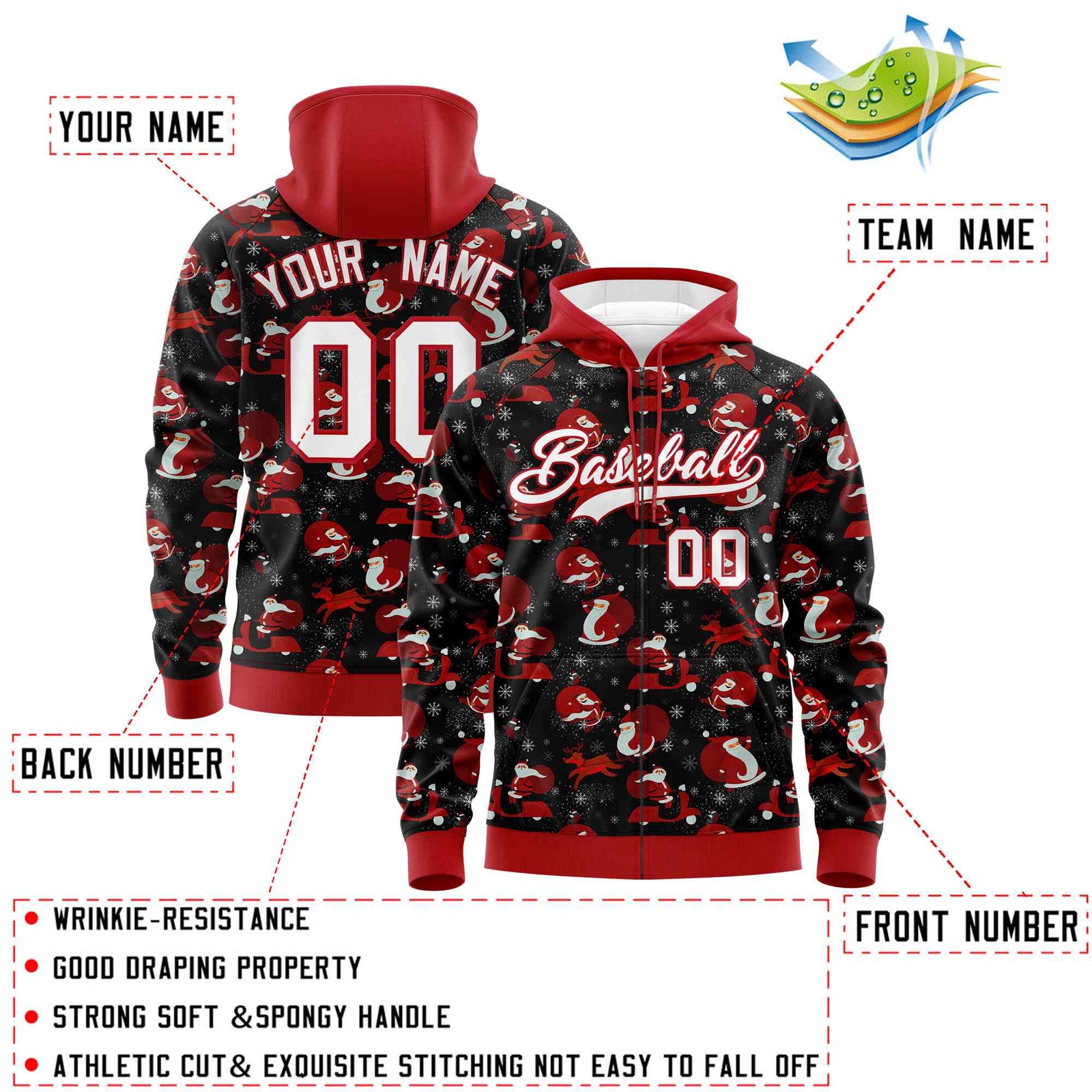 Custom Black Red Christmas Graffiti Pattern Athletic Full-Zip Hoodie