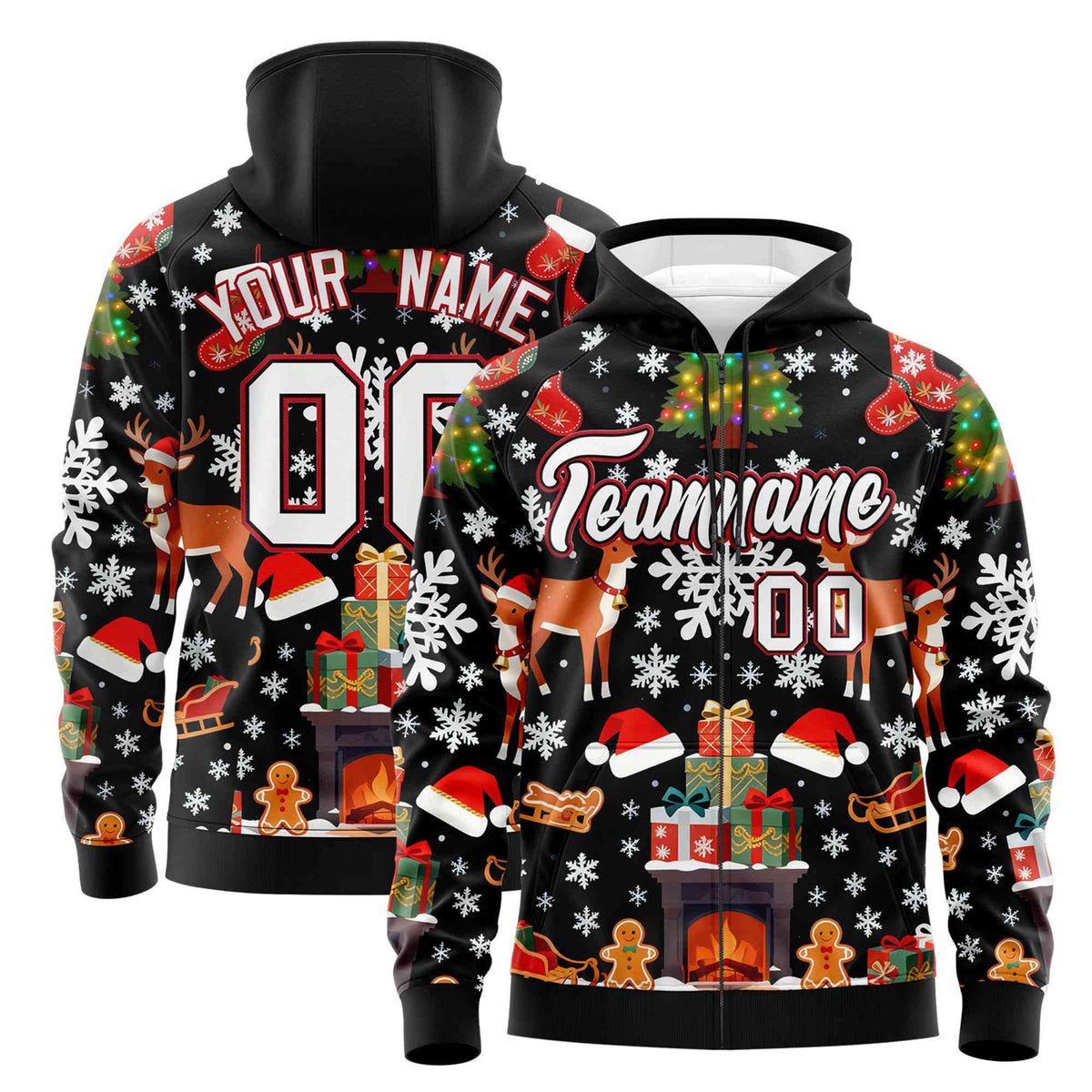 Custom Black White Christmas Graffiti Pattern Athletic Full-Zip Hoodie