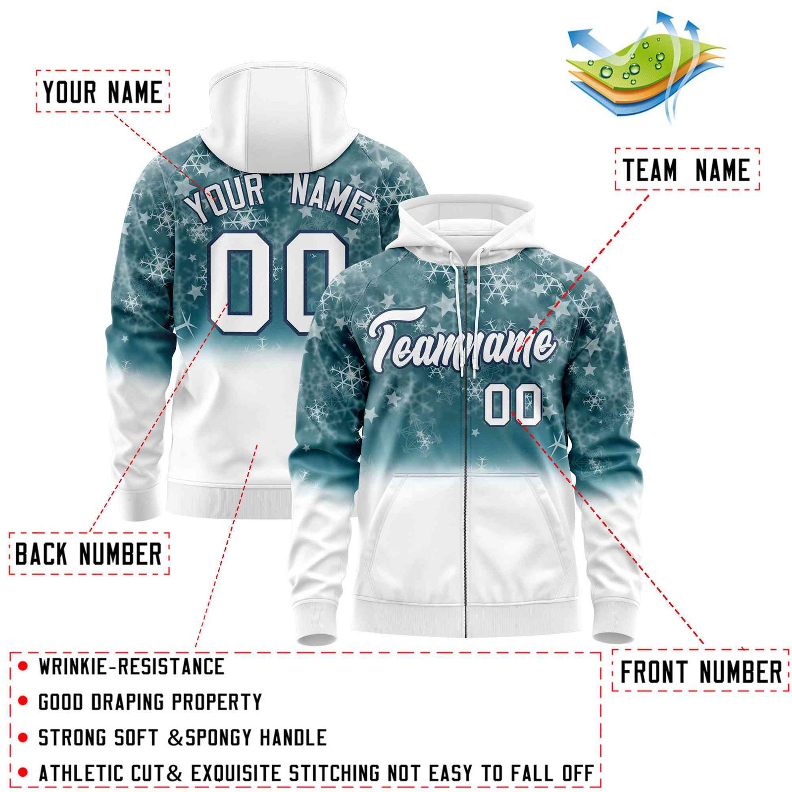 Custom White Midnight Blue Christmas Graffiti Pattern Athletic Full-Zip Hoodie